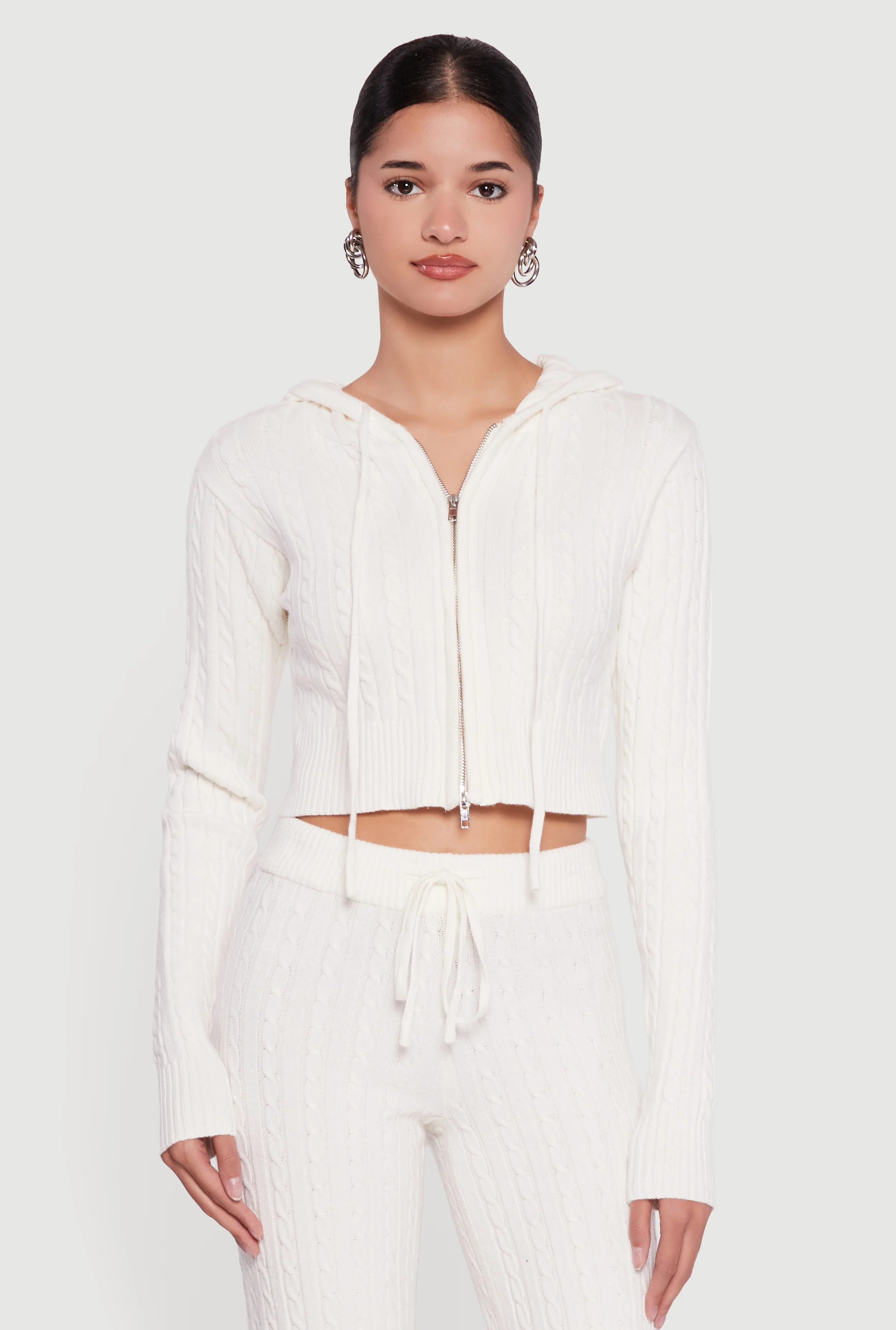 Cropped Rib Knit Trim Cable Knit Sweater Hoodie