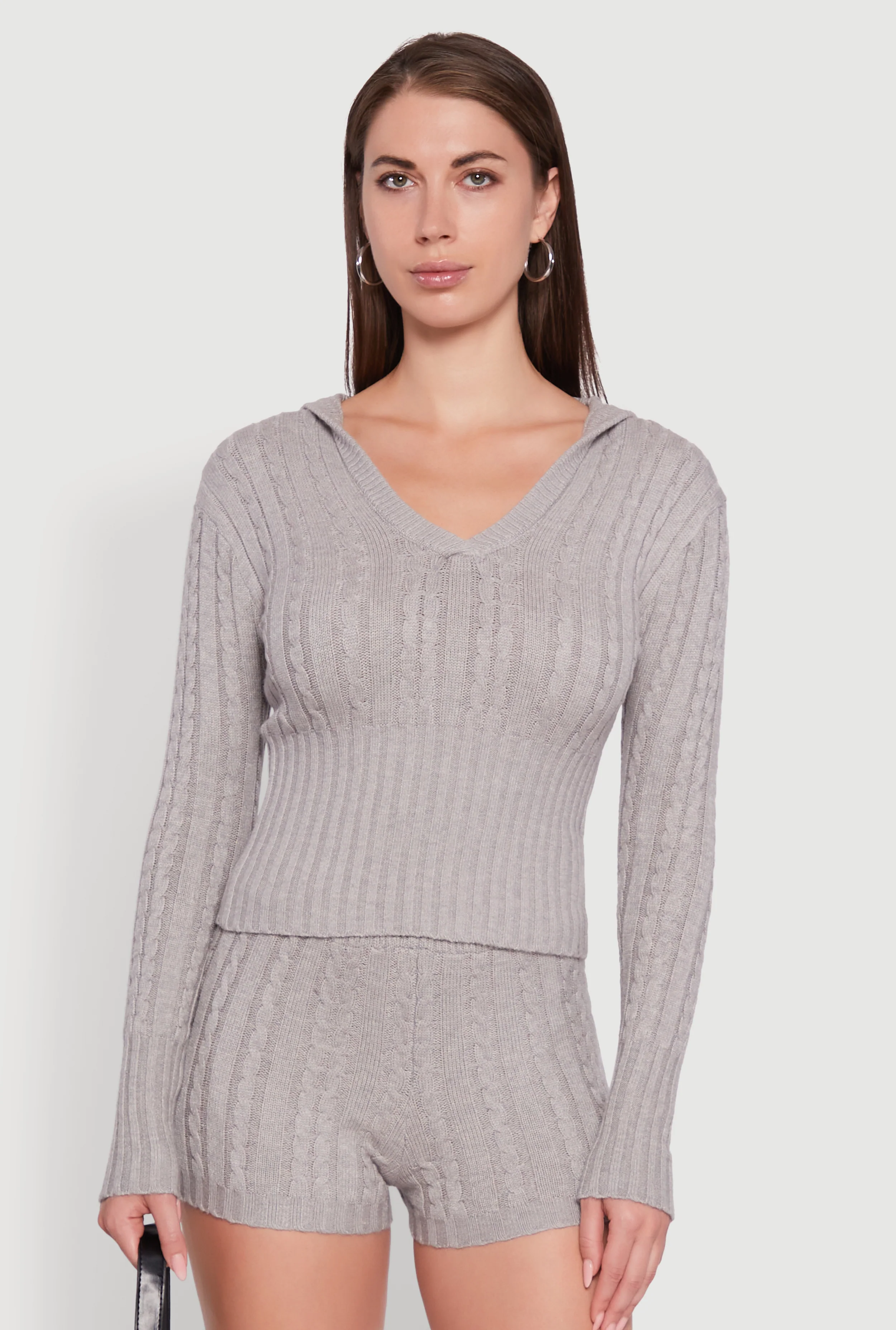 Cable Knit V Neck Hooded Sweater