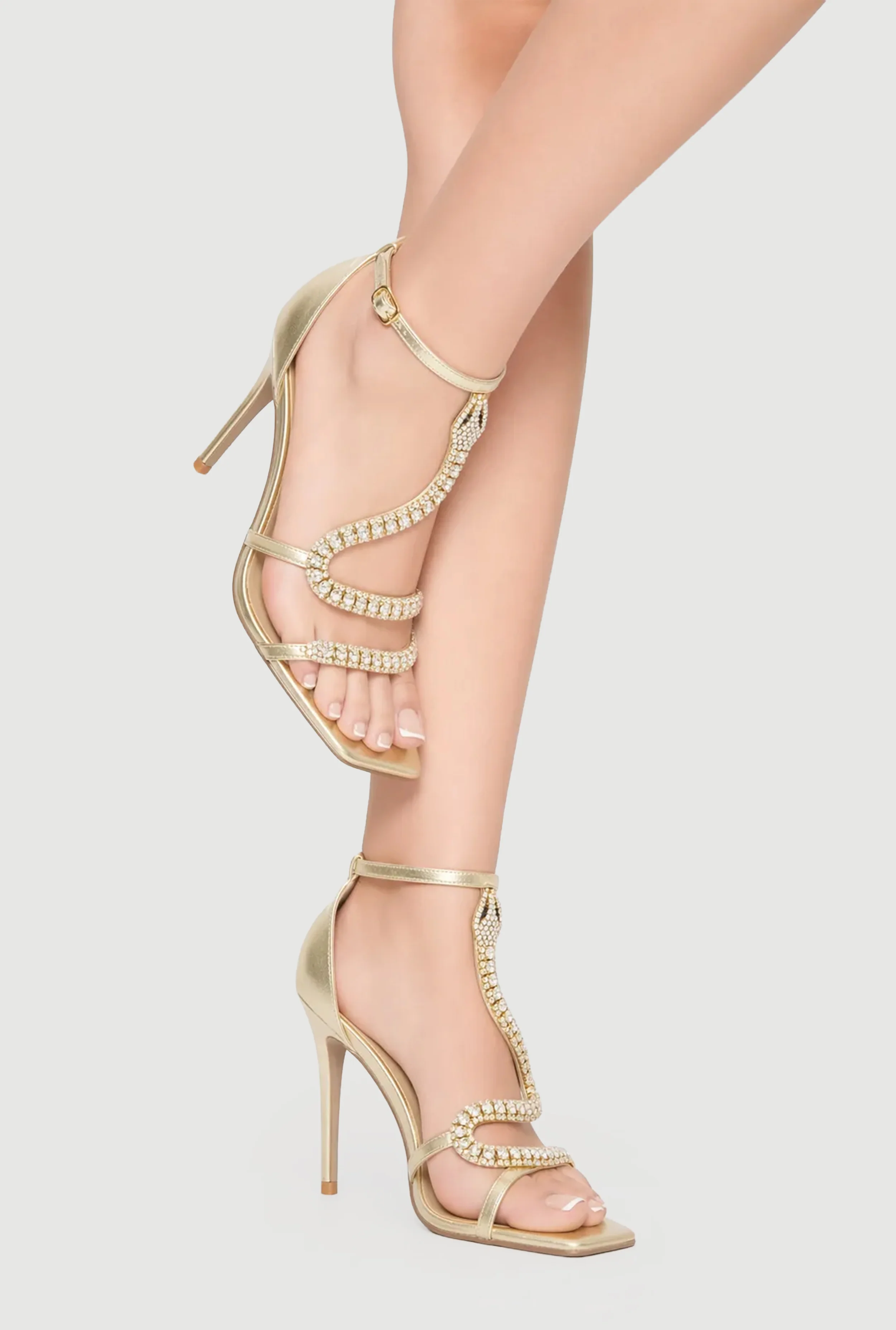Rhinestone Snake Detail Ankle Strap Ultra High Heels