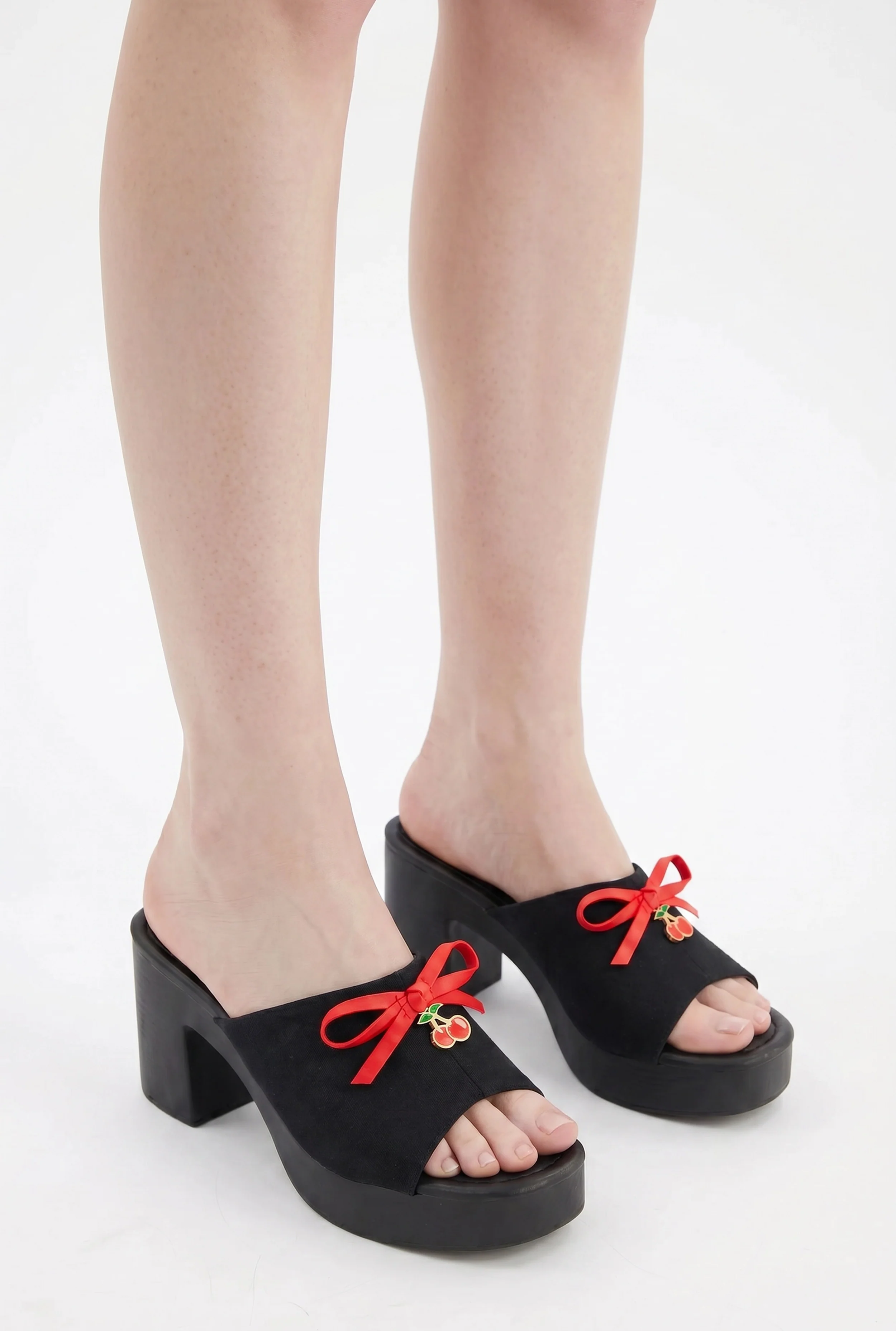 Block Heel Mule Sandals with Bow and Cherry Charm