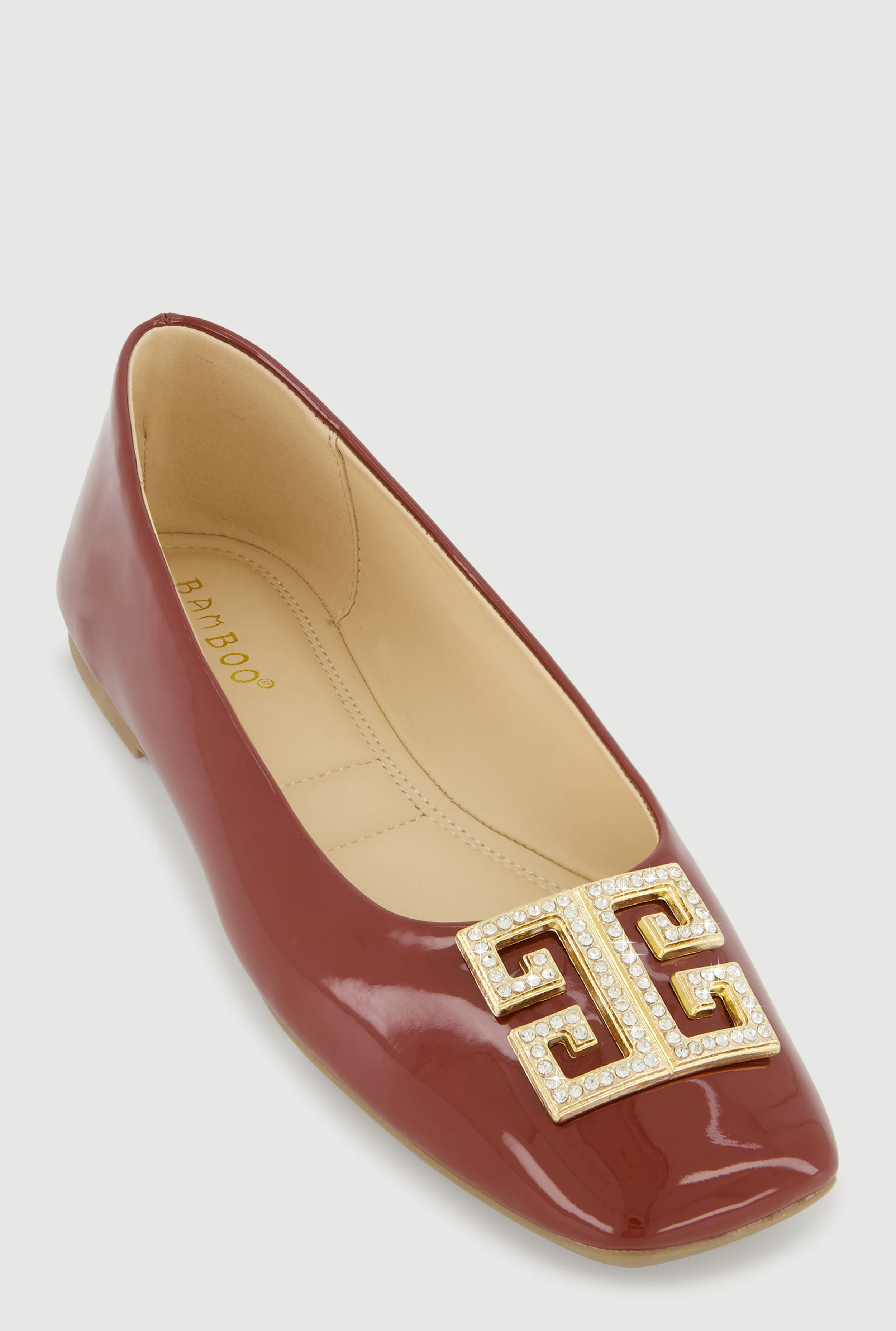 Rhinestone Greek Key Pendant Faux Leather Flats