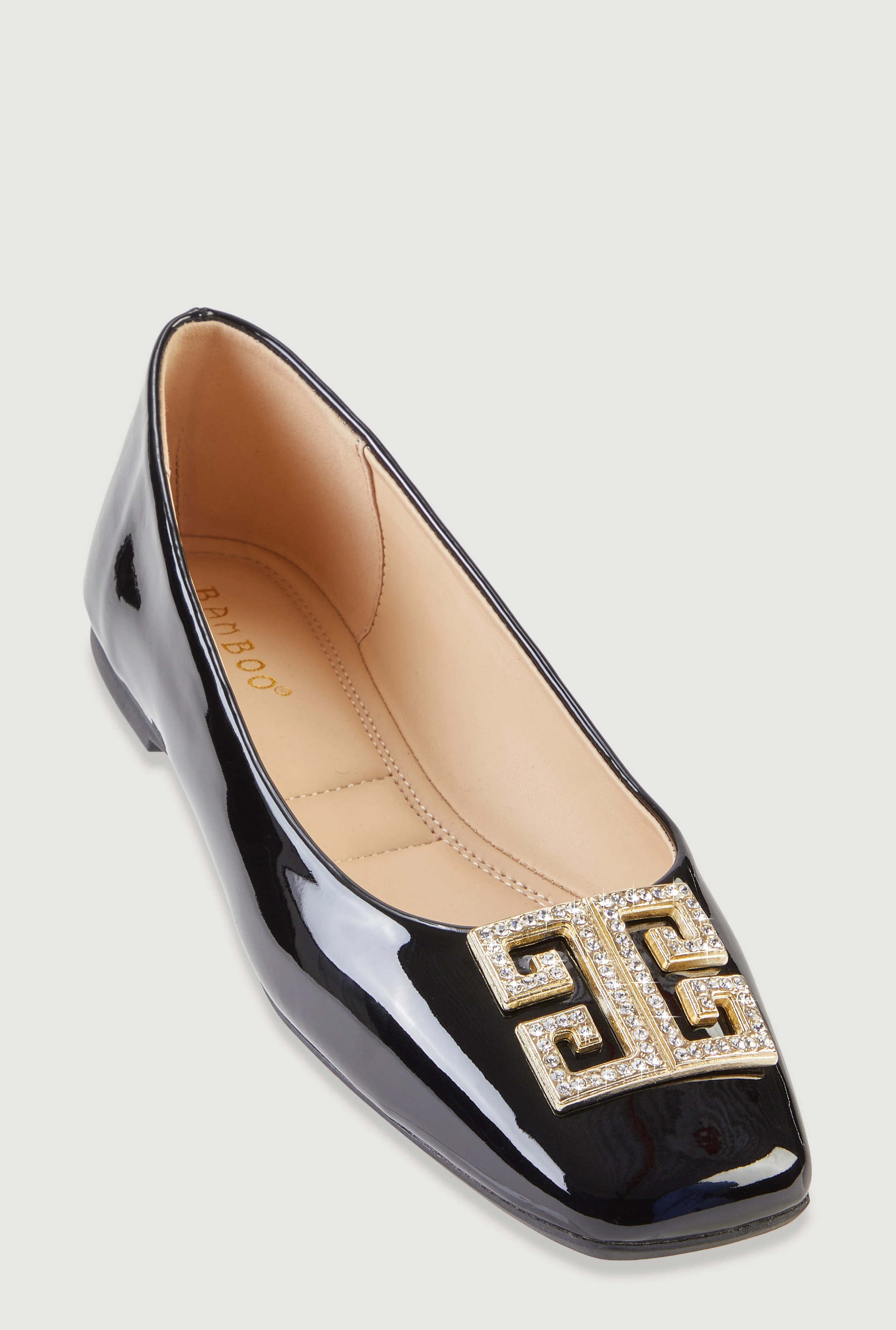 Rhinestone Greek Key Pendant Faux Leather Flats