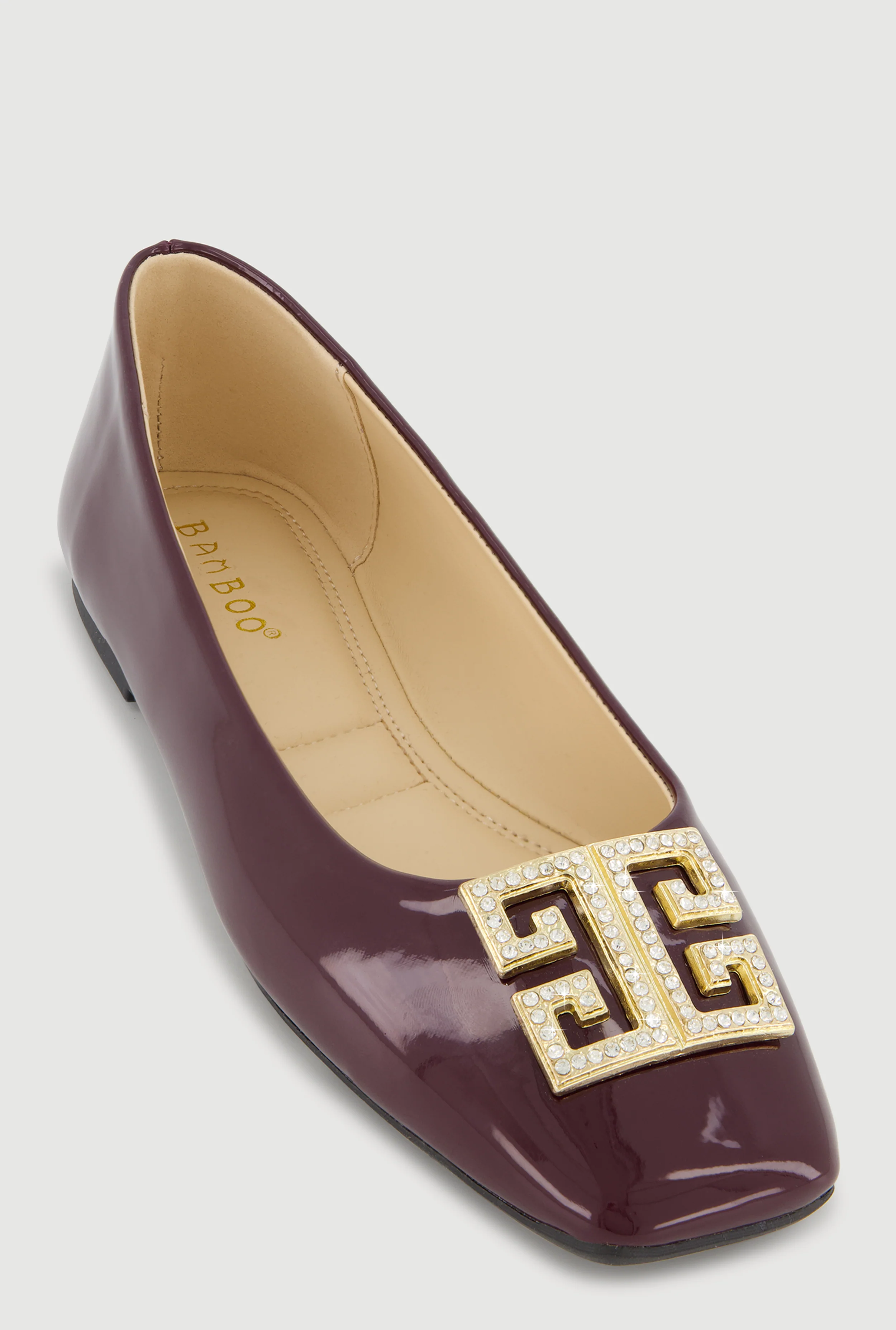 Rhinestone Greek Key Pendant Faux Leather Flats