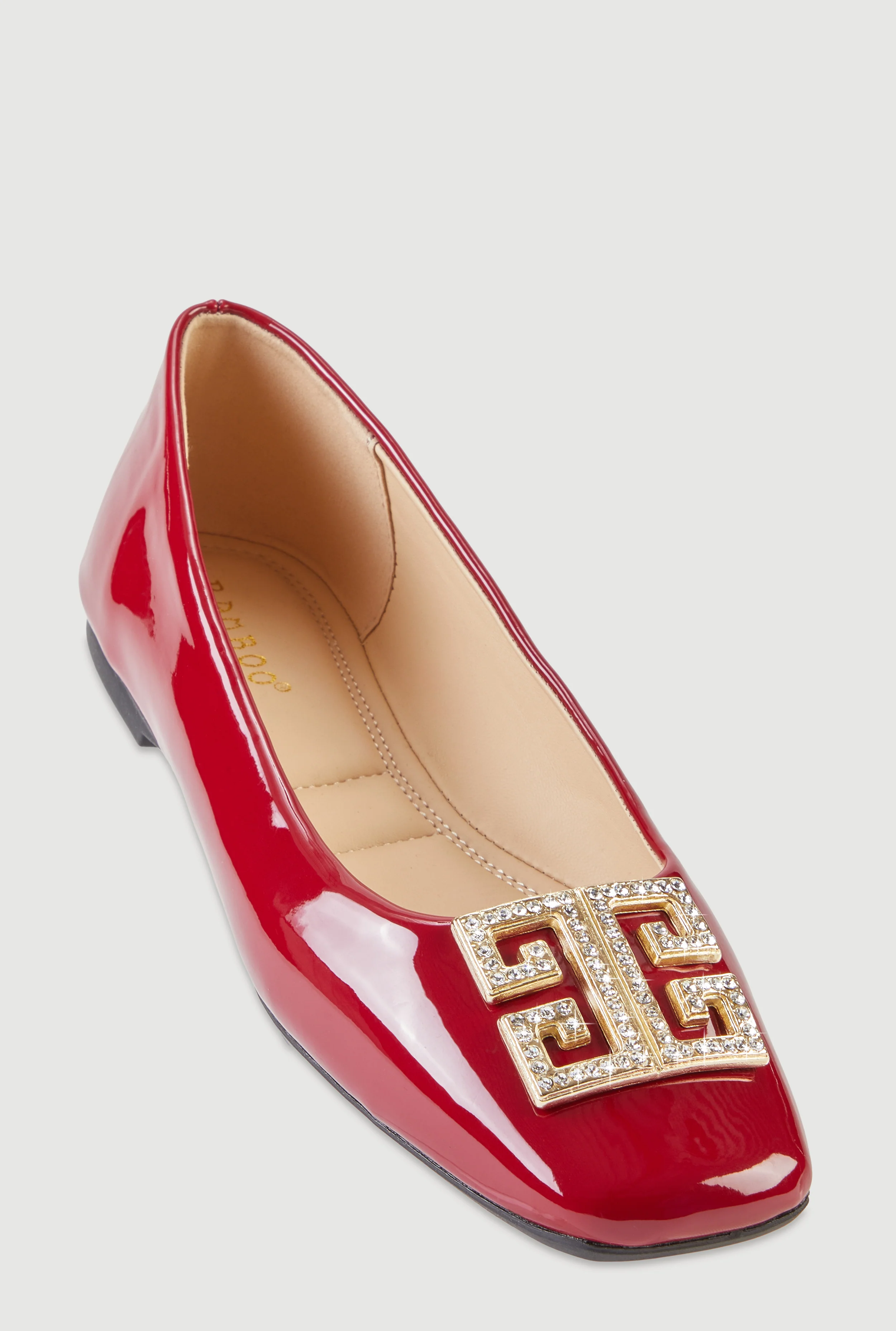 Rhinestone Greek Key Pendant Faux Leather Flats