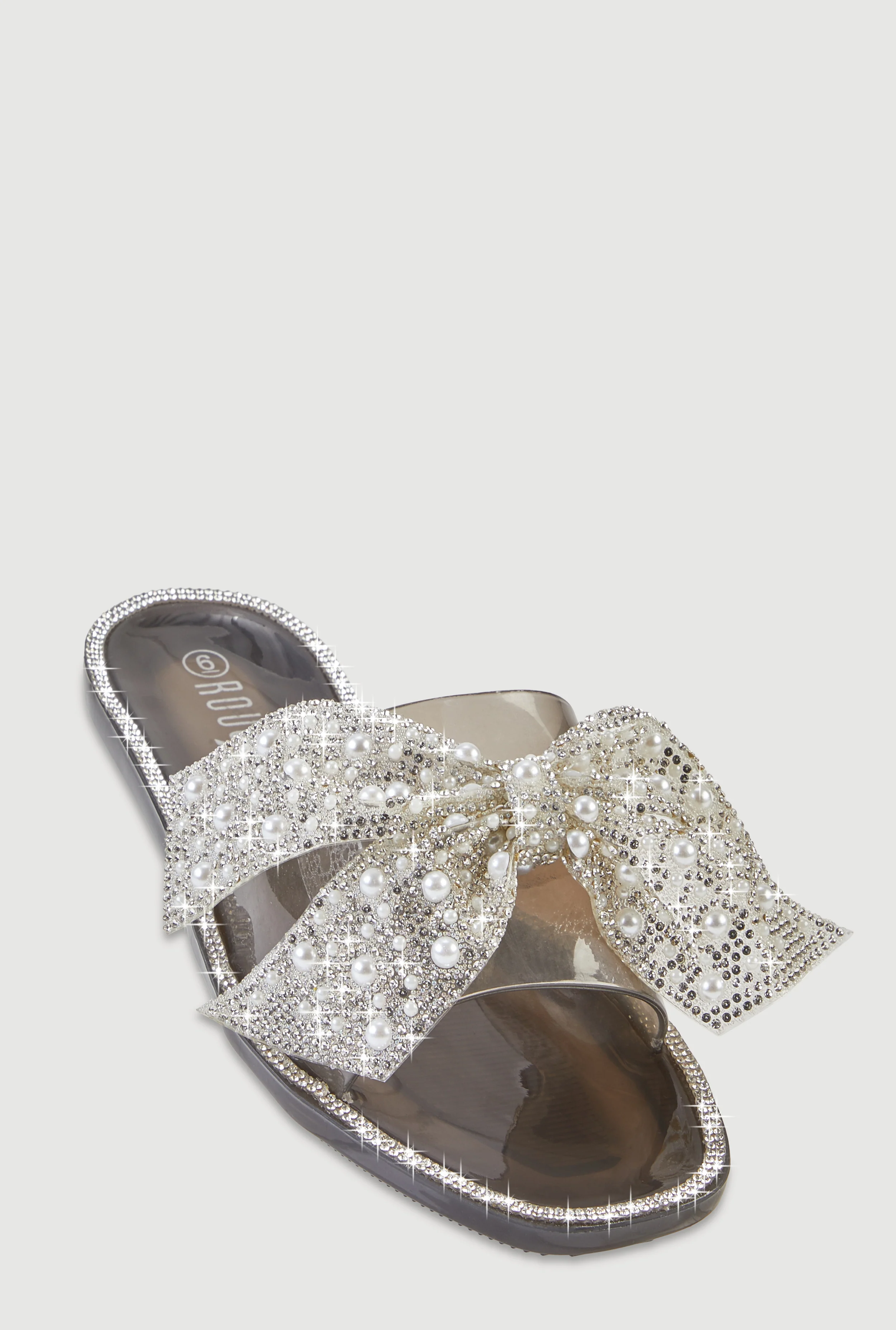 Rhinestone Faux Pearl Bow Band Jelly Slide Sandals