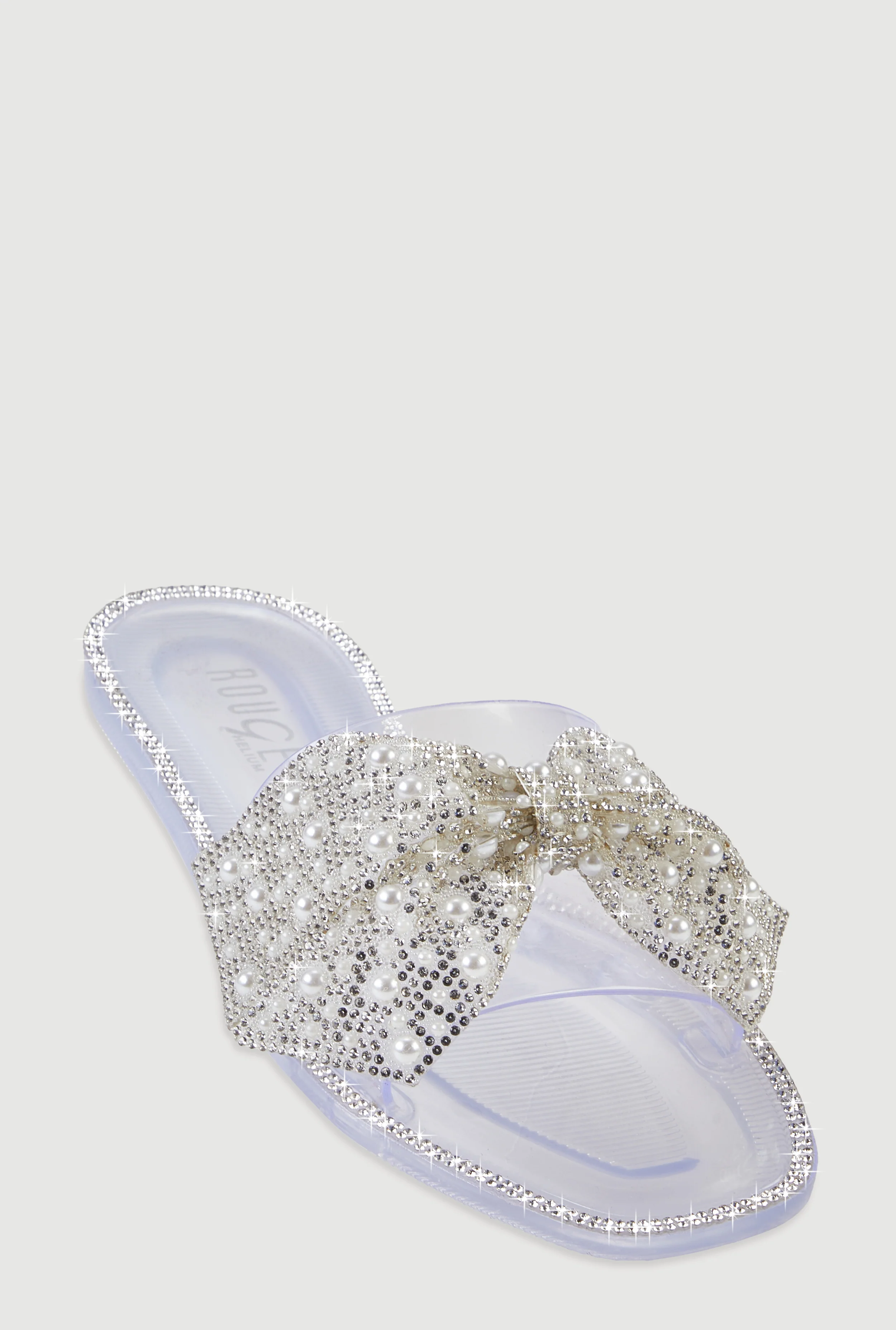 Rhinestone Faux Pearl Bow Band Jelly Slide Sandals
