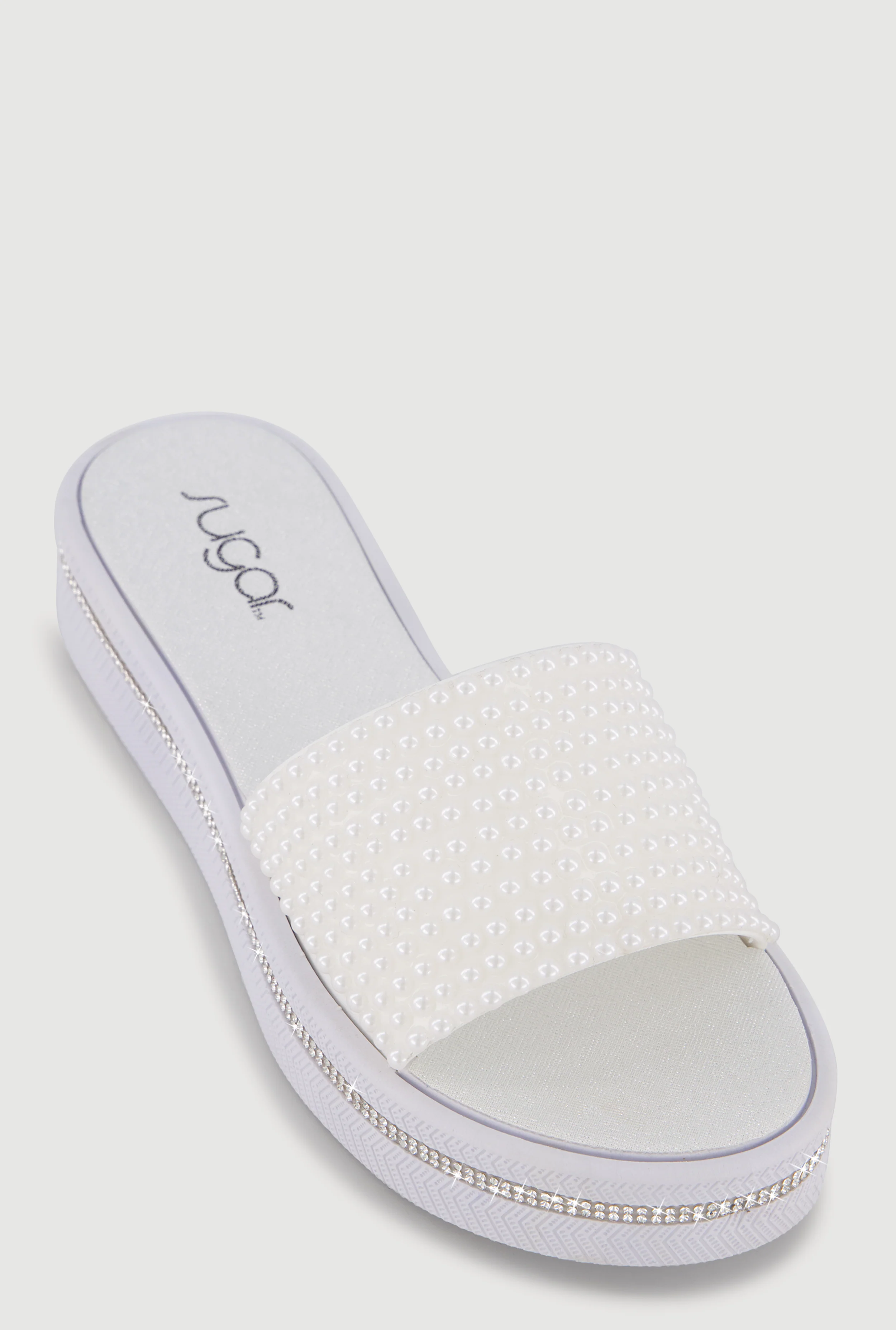 Faux Pearl Band Rhinestone Trim Platform Slide Sandals