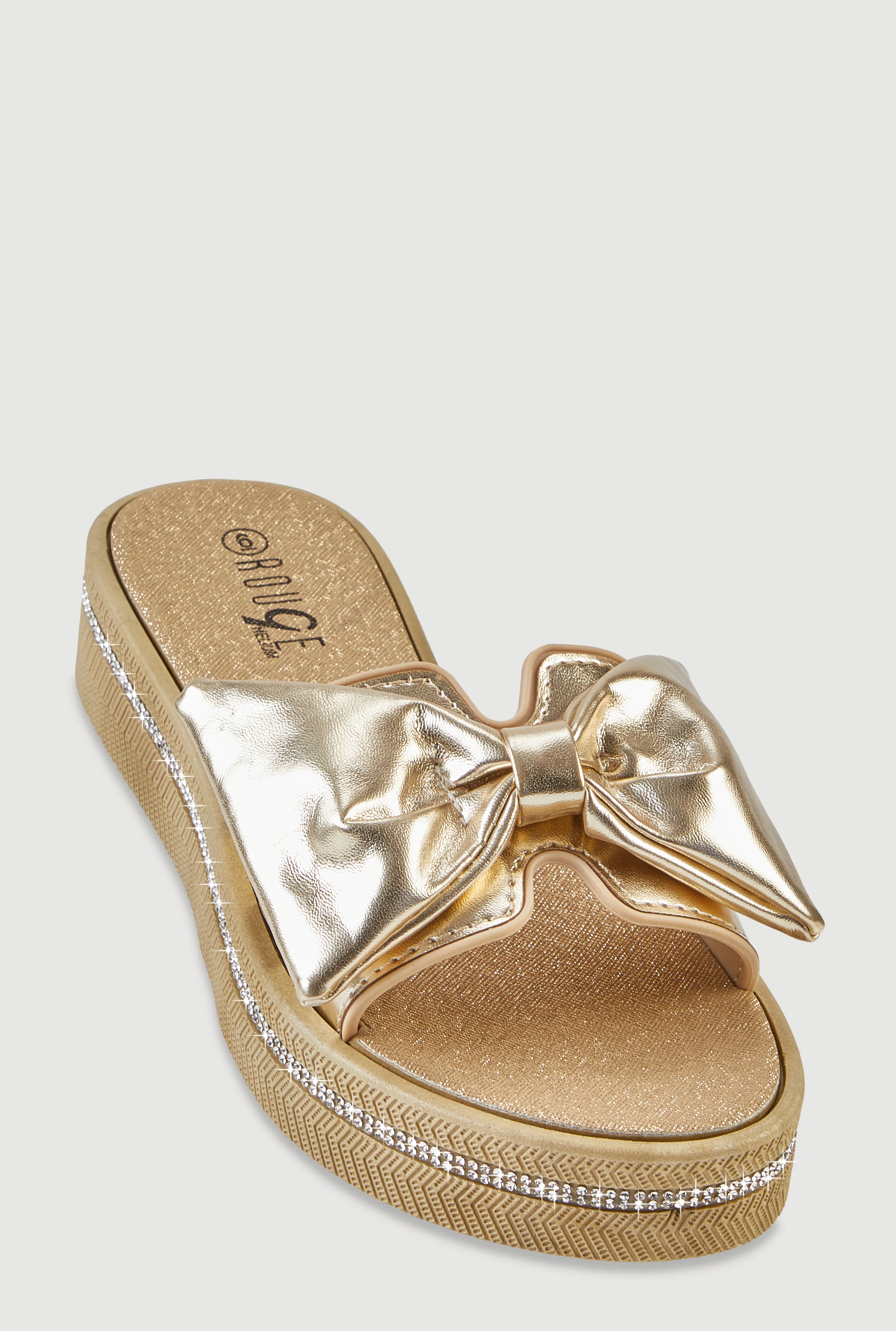 Bow Detail H Band Slide Sandals with Rhinestone Trim