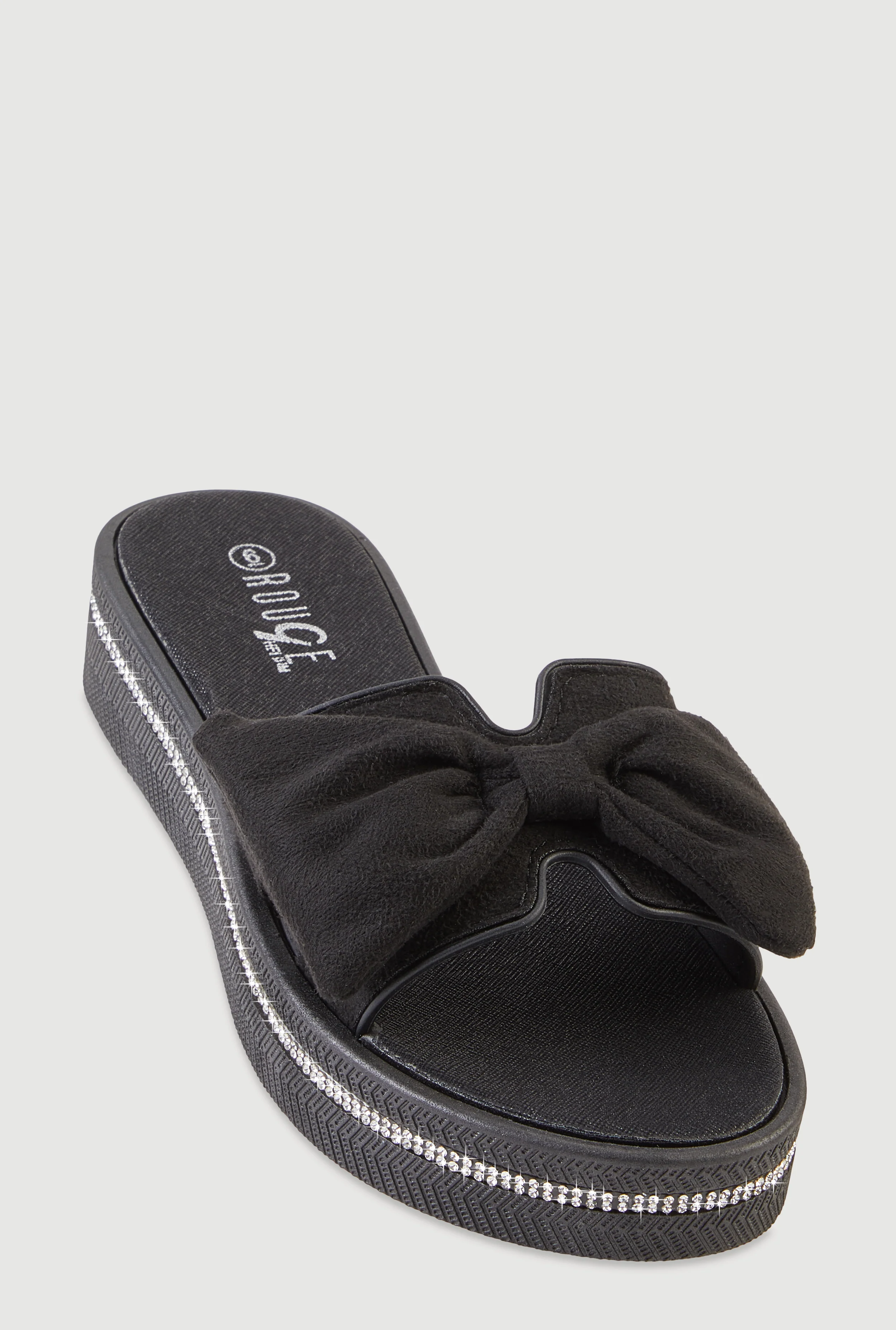 Bow Detail H Band Slide Sandals with Rhinestone Trim