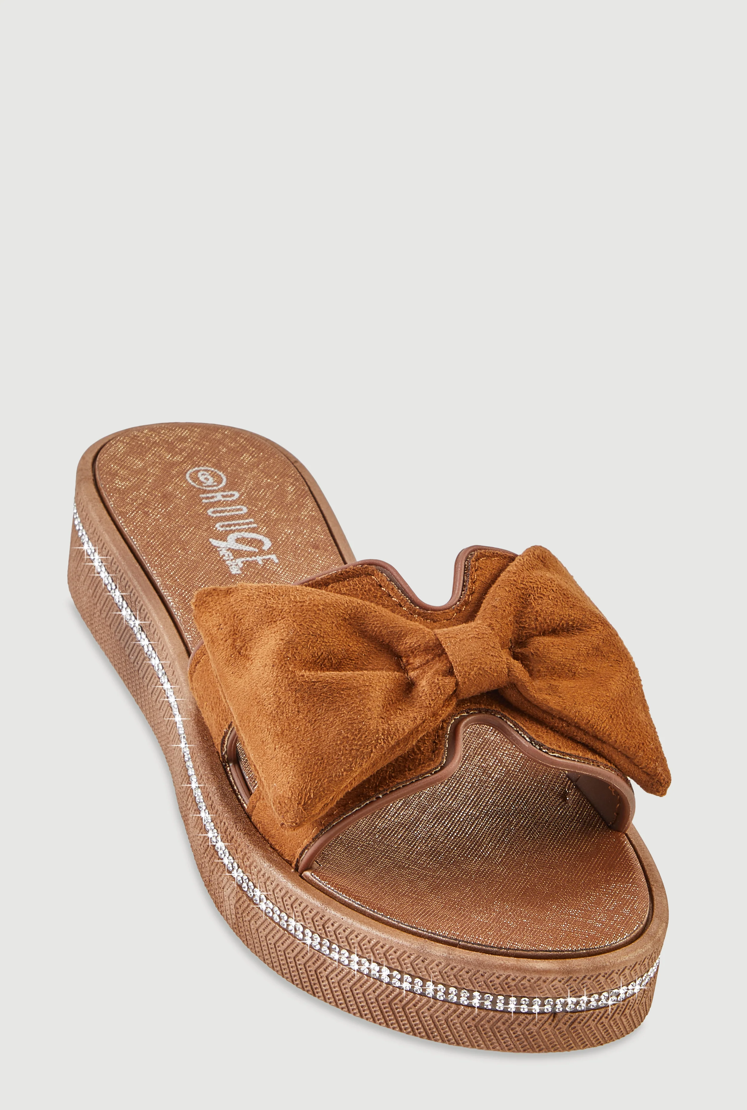 Bow Detail H Band Slide Sandals with Rhinestone Trim