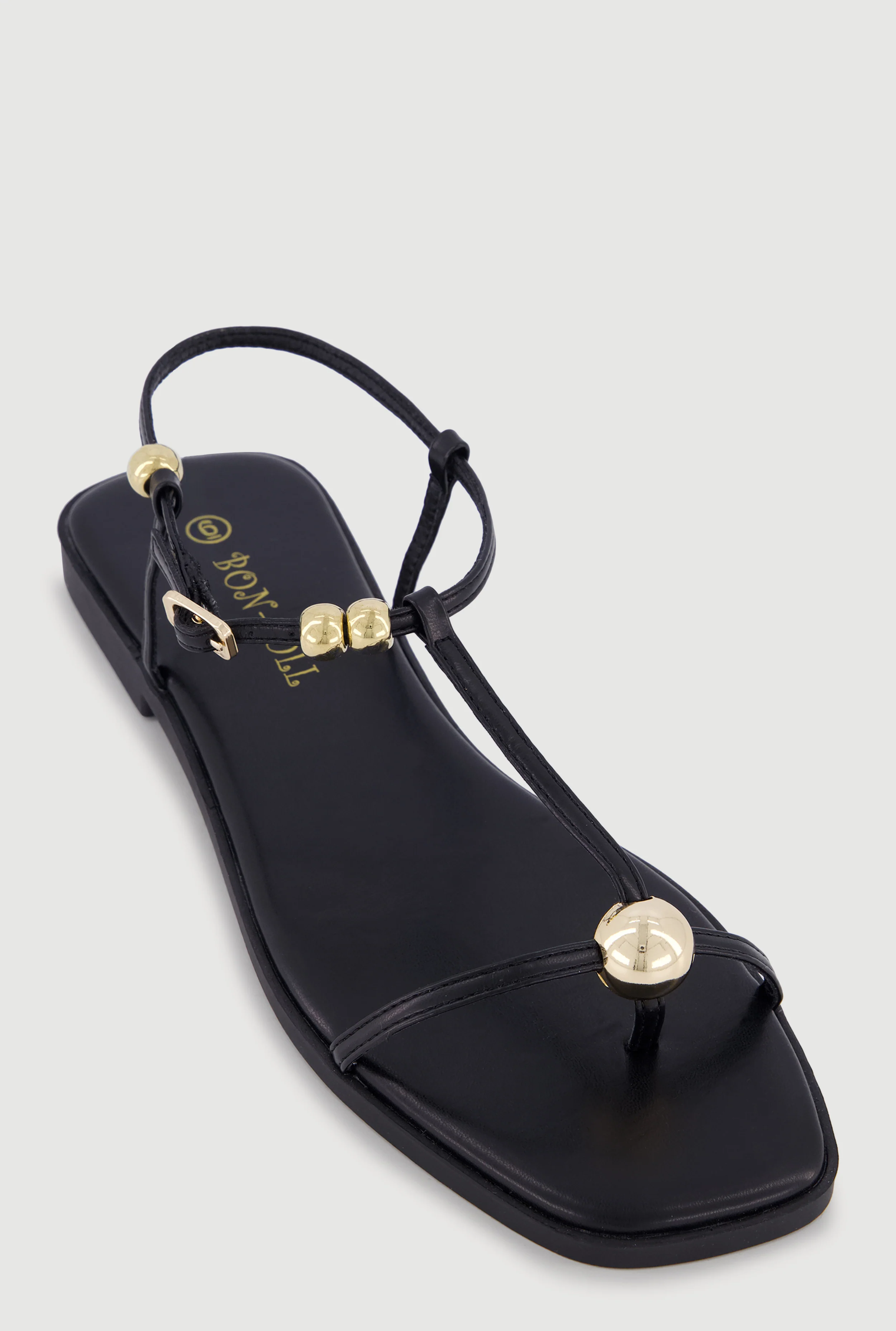 Metallic Beaded Ankle Strap Toe Loop Sandals