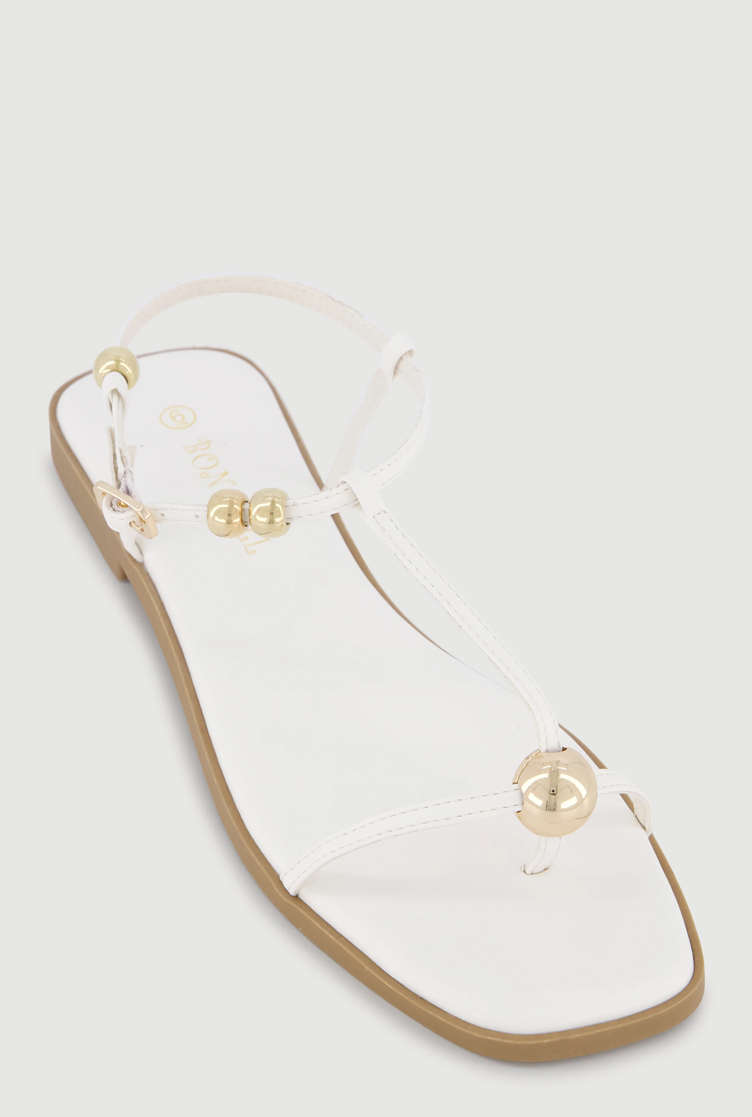 Metallic Beaded Ankle Strap Toe Loop Sandals