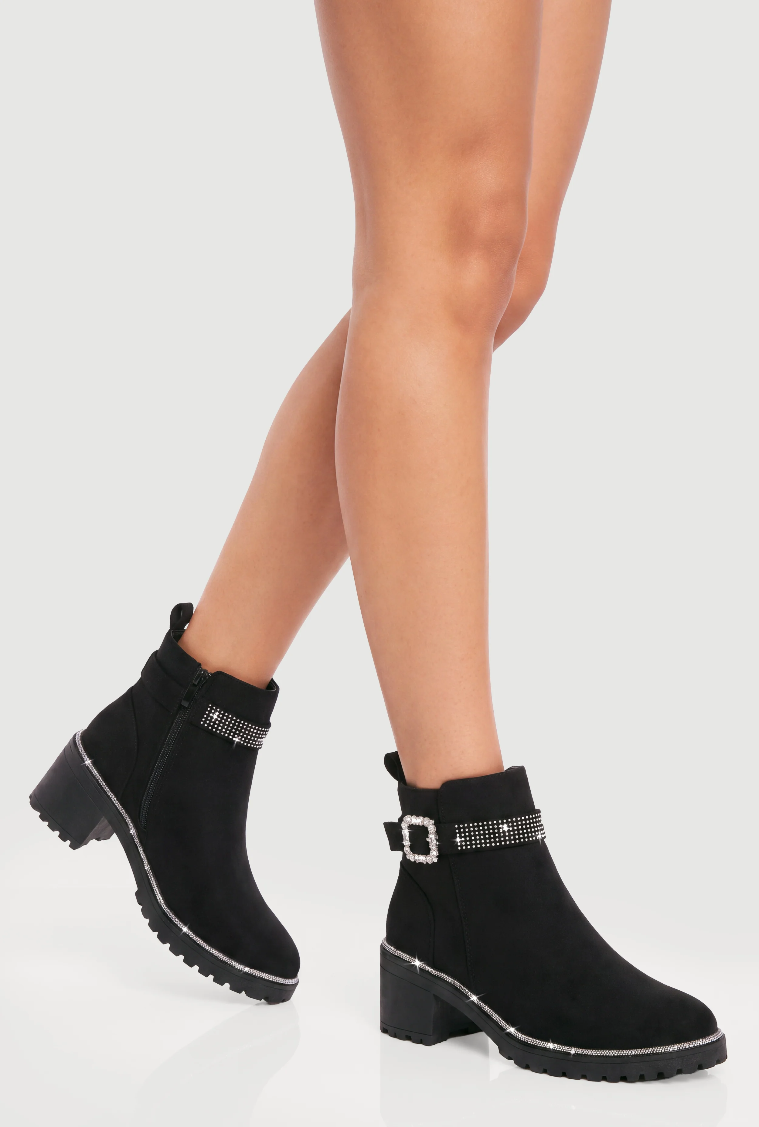 Rhinestone Buckle Detail Mid Heel Booties