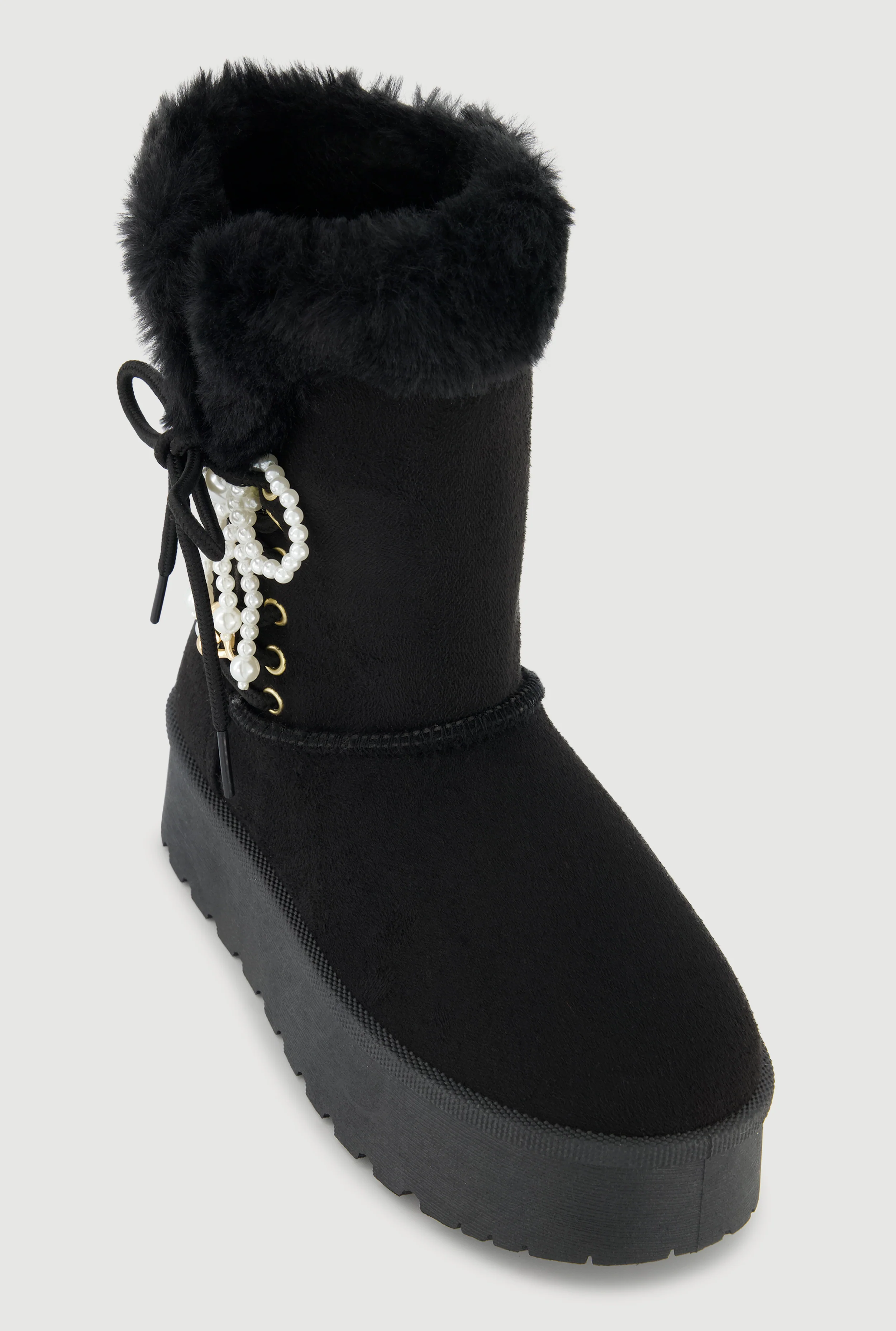 Faux Fur Lined Platform Booties with Faux Pearl Bow