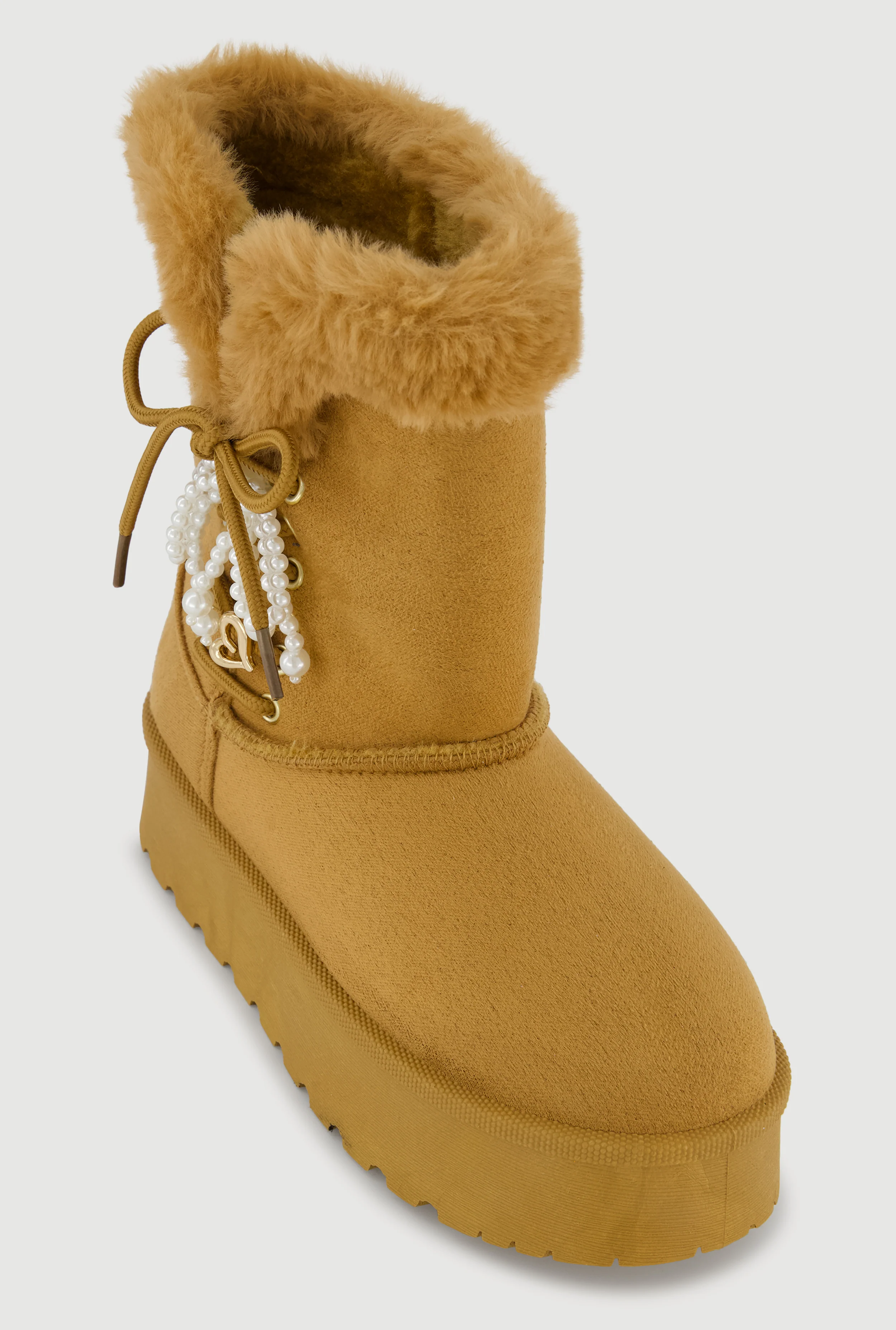 Faux Fur Lined Platform Booties with Faux Pearl Bow