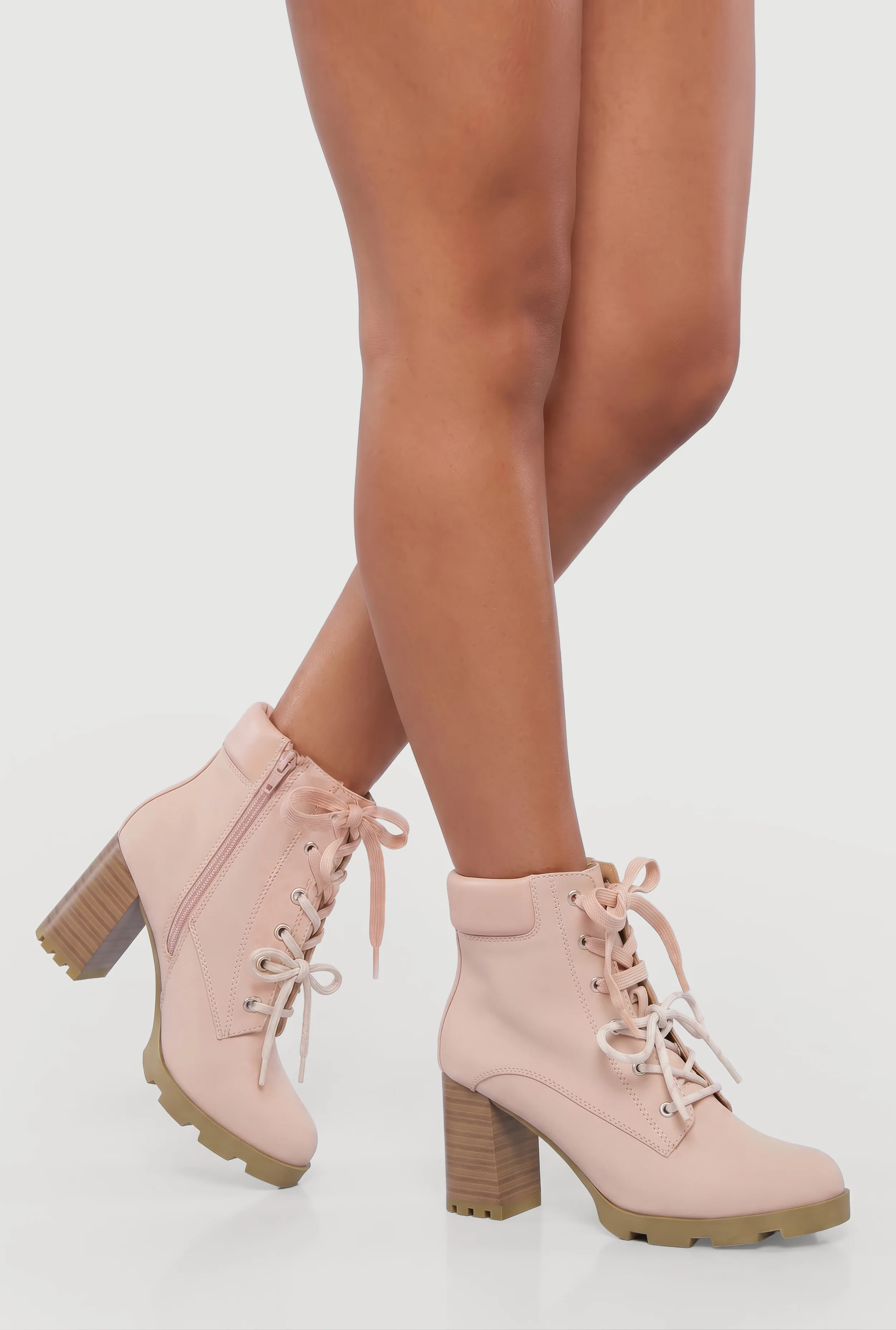 Double Lace Up Lug Sole Block Heel Booties