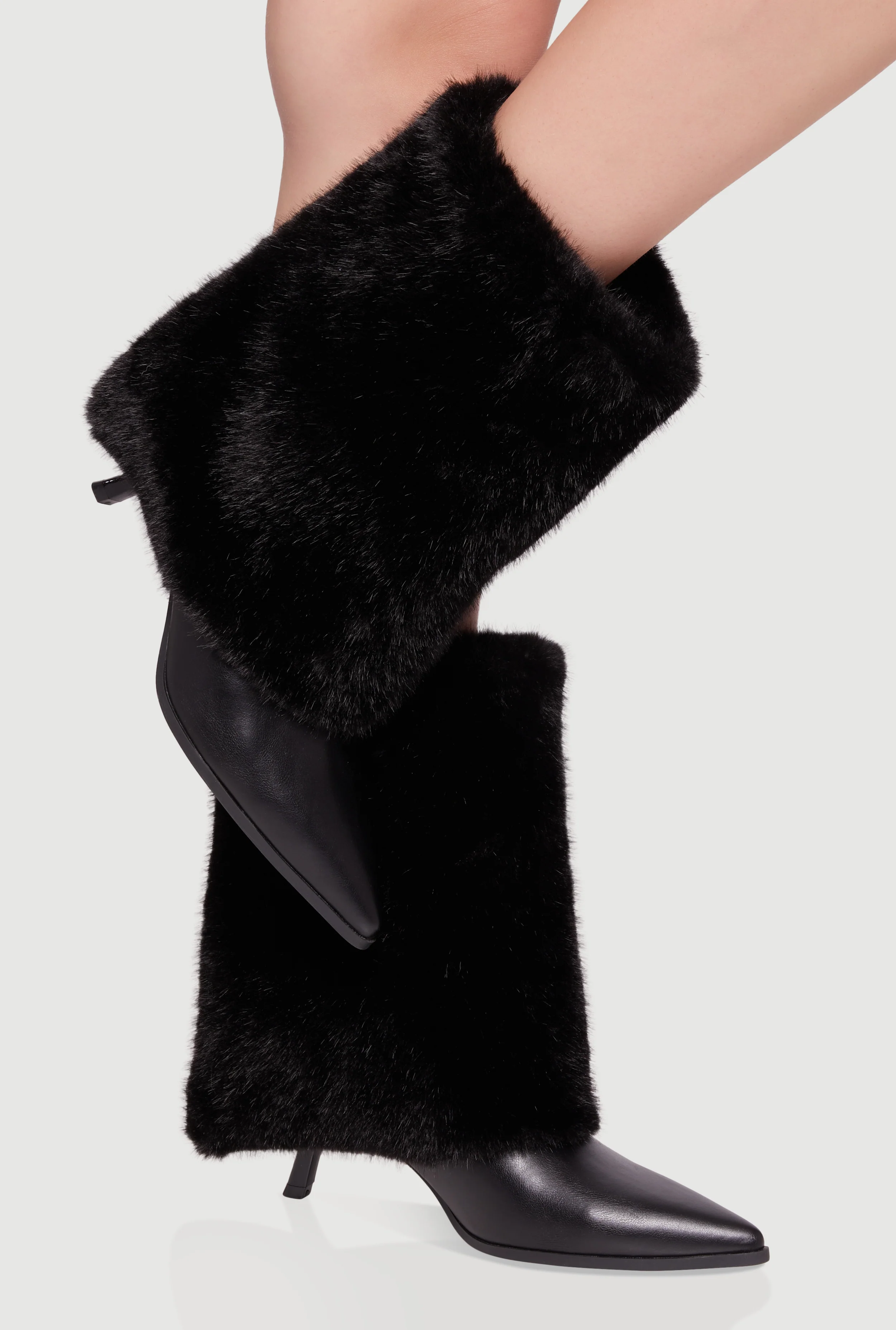 Trendy Faux Fur Slanted Kitten Heel Pointed Toe Booties