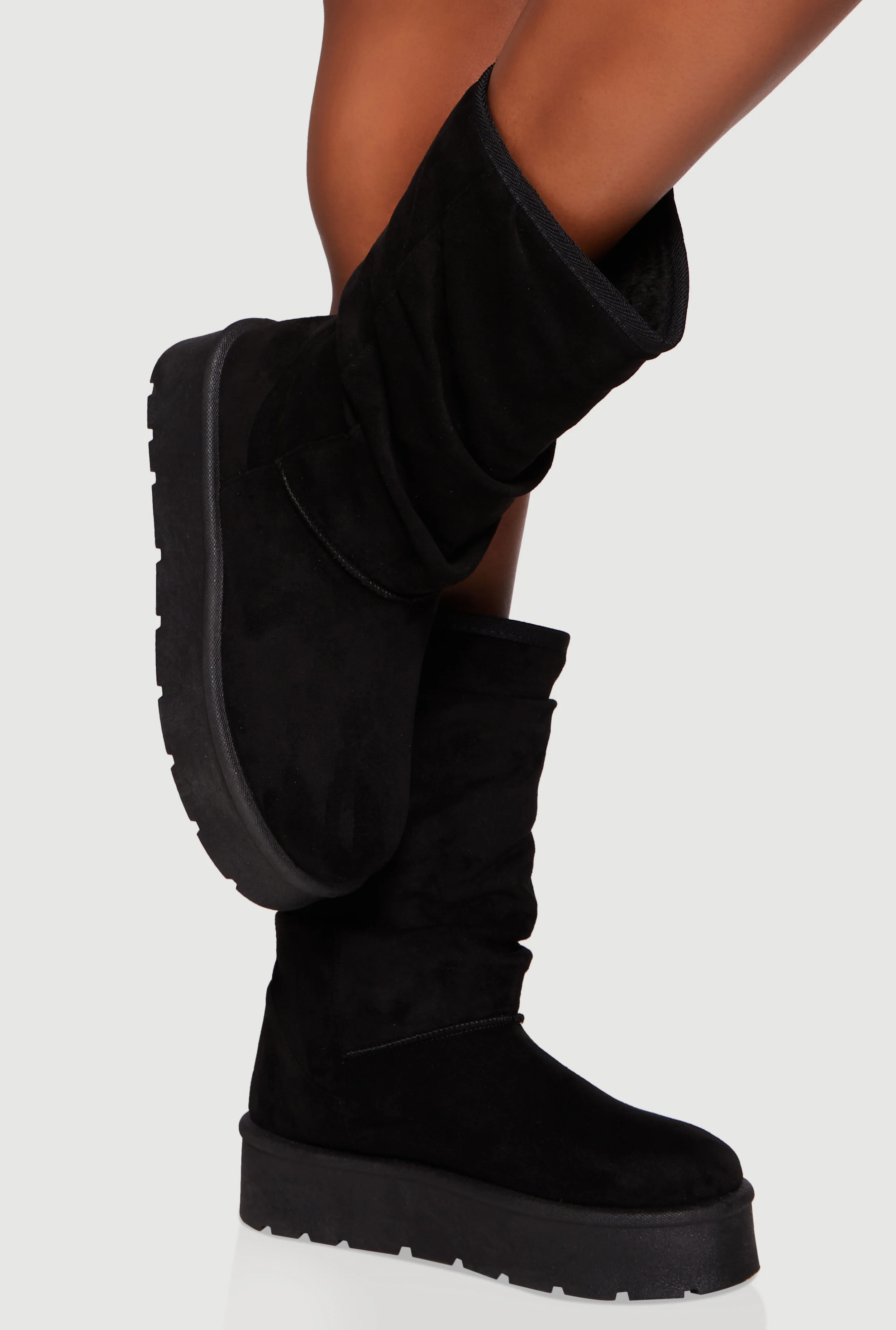 Faux Fur Lined Round Toe Platform Slouch Boots