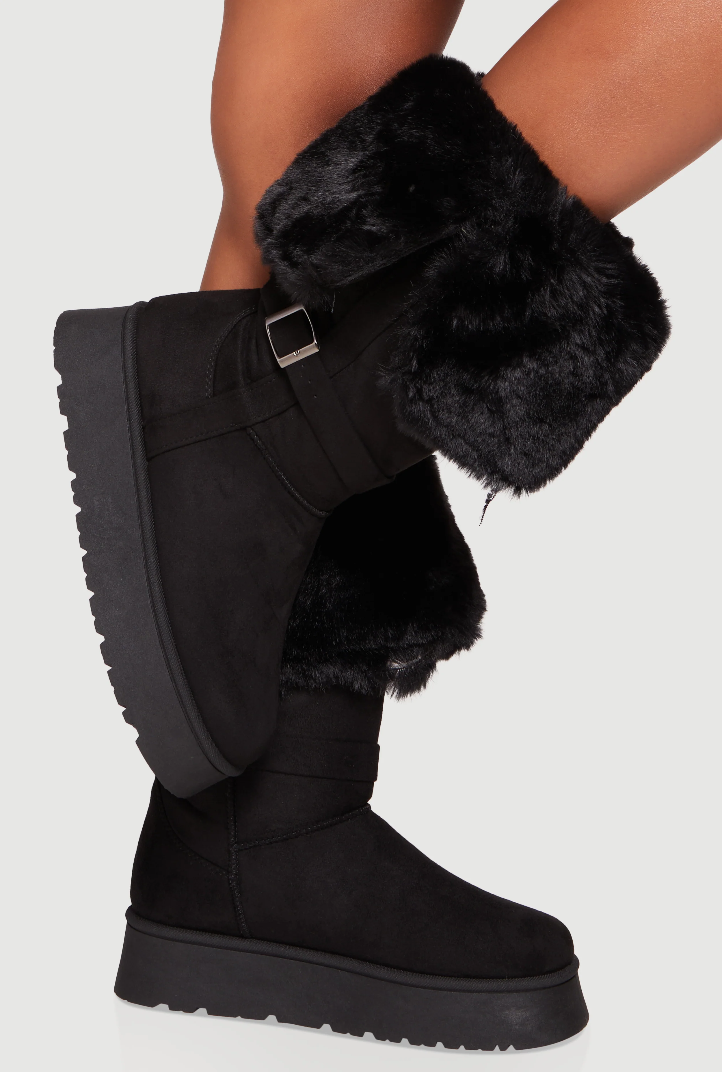 Faux Fur Cuff Buckle Detail Platform Boots