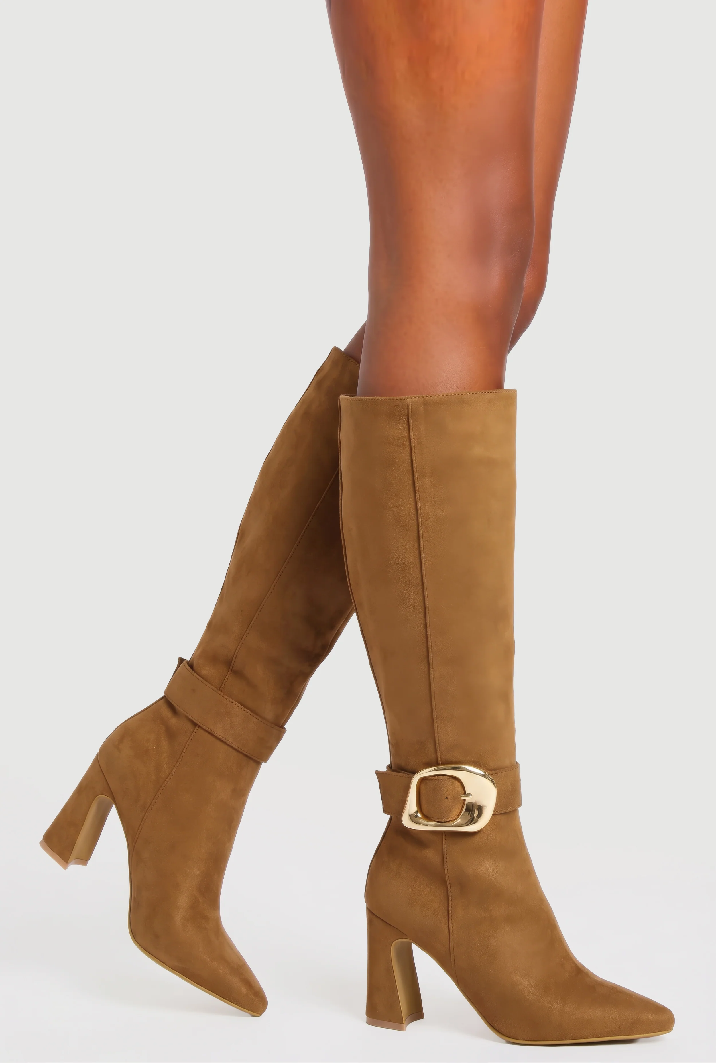Buckle Strap Square Toe Knee High Boots