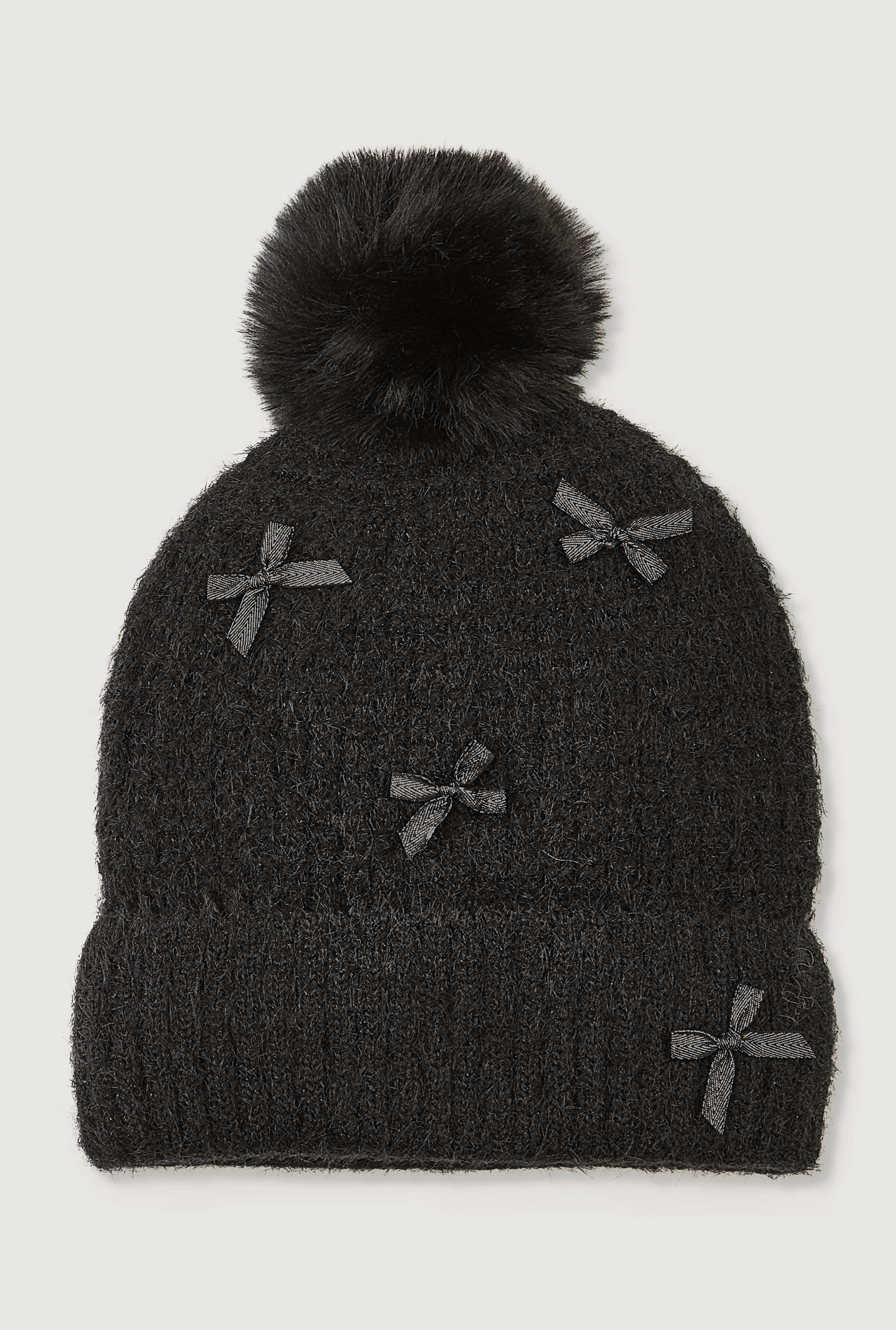 Lurex Eyelash Knit Bow Pom Pom Beanie