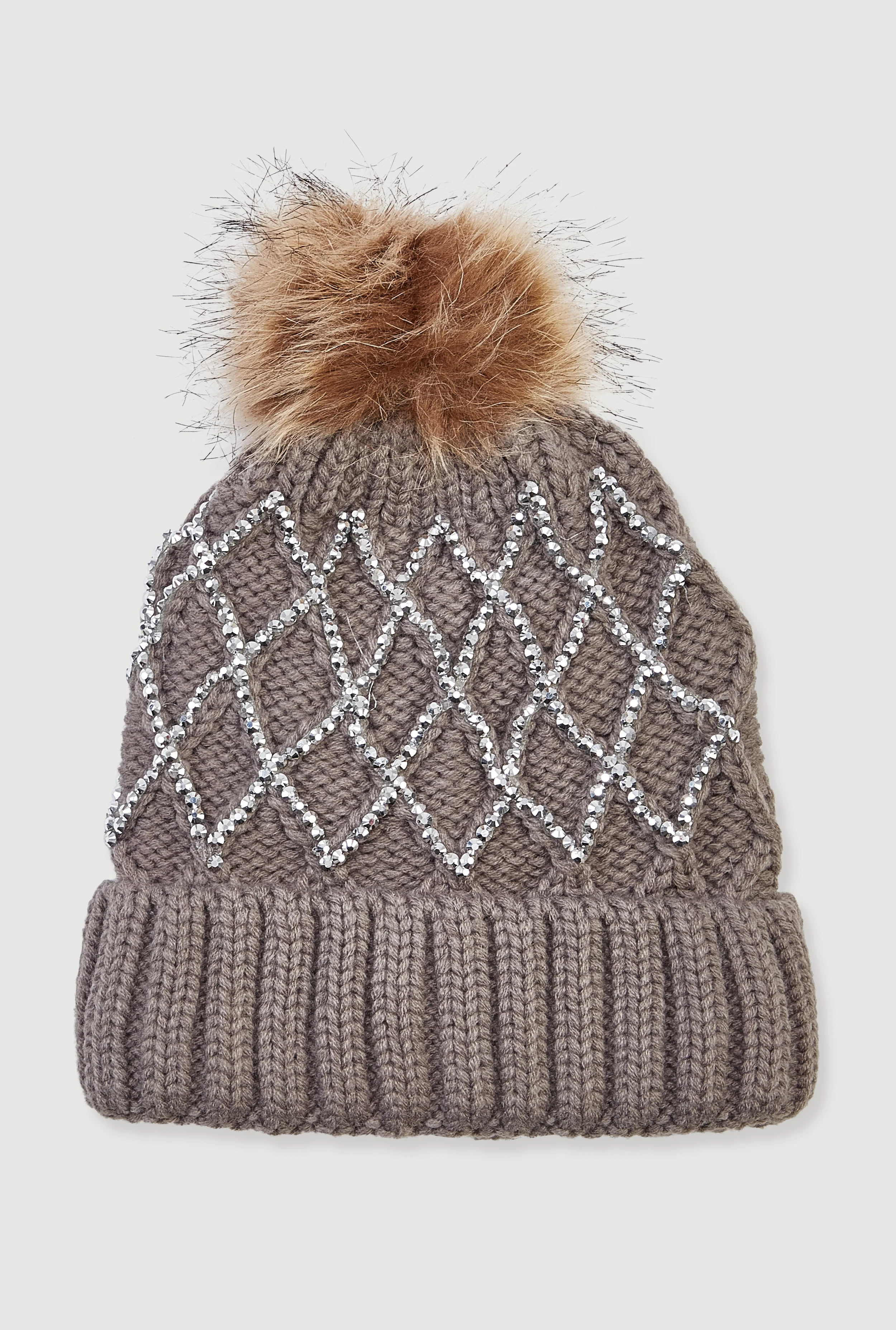 Rhinestone Pattern Knitted Beanie with Pom Pom