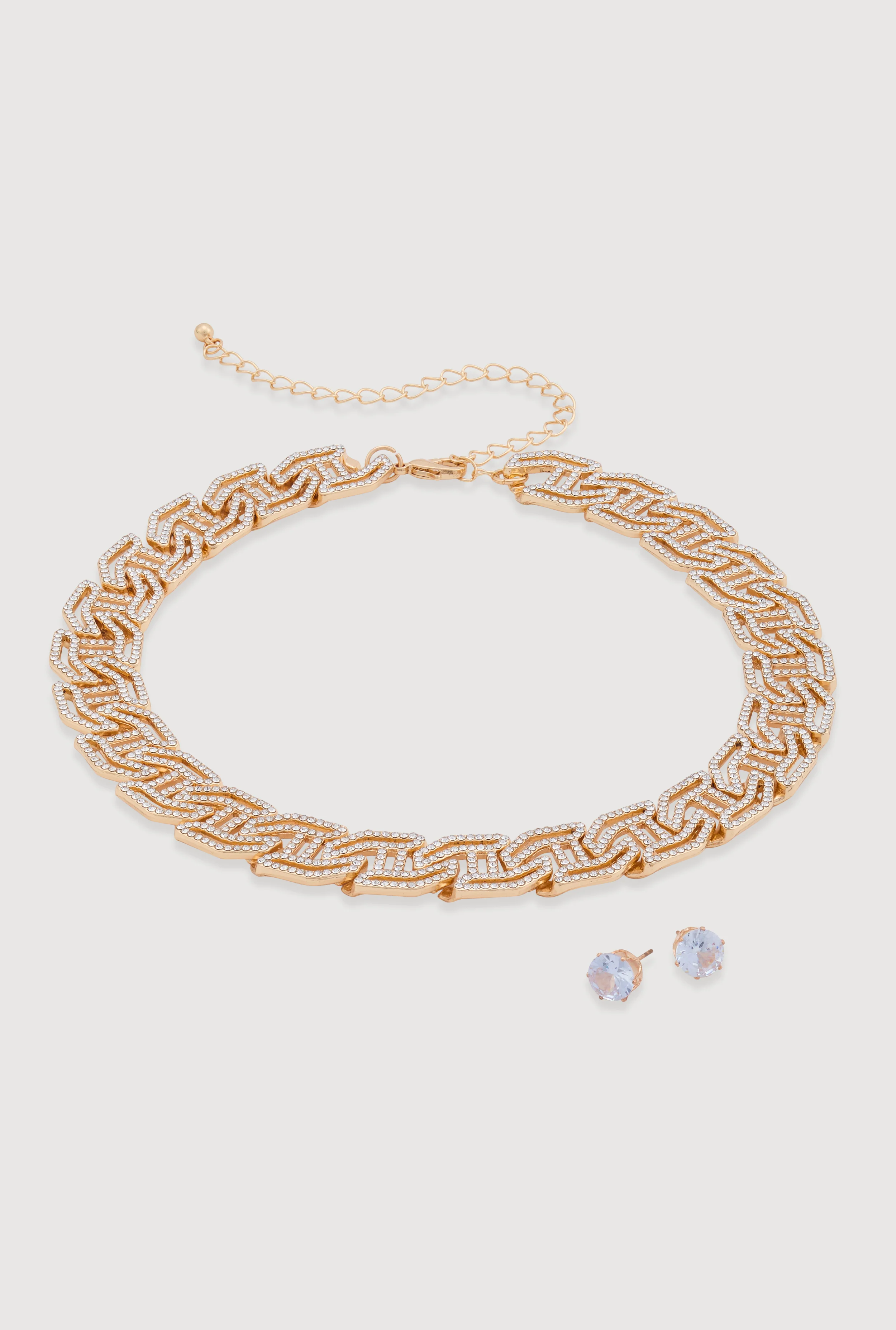 Cubic Zirconia Geometric Necklace and Stud Earrings