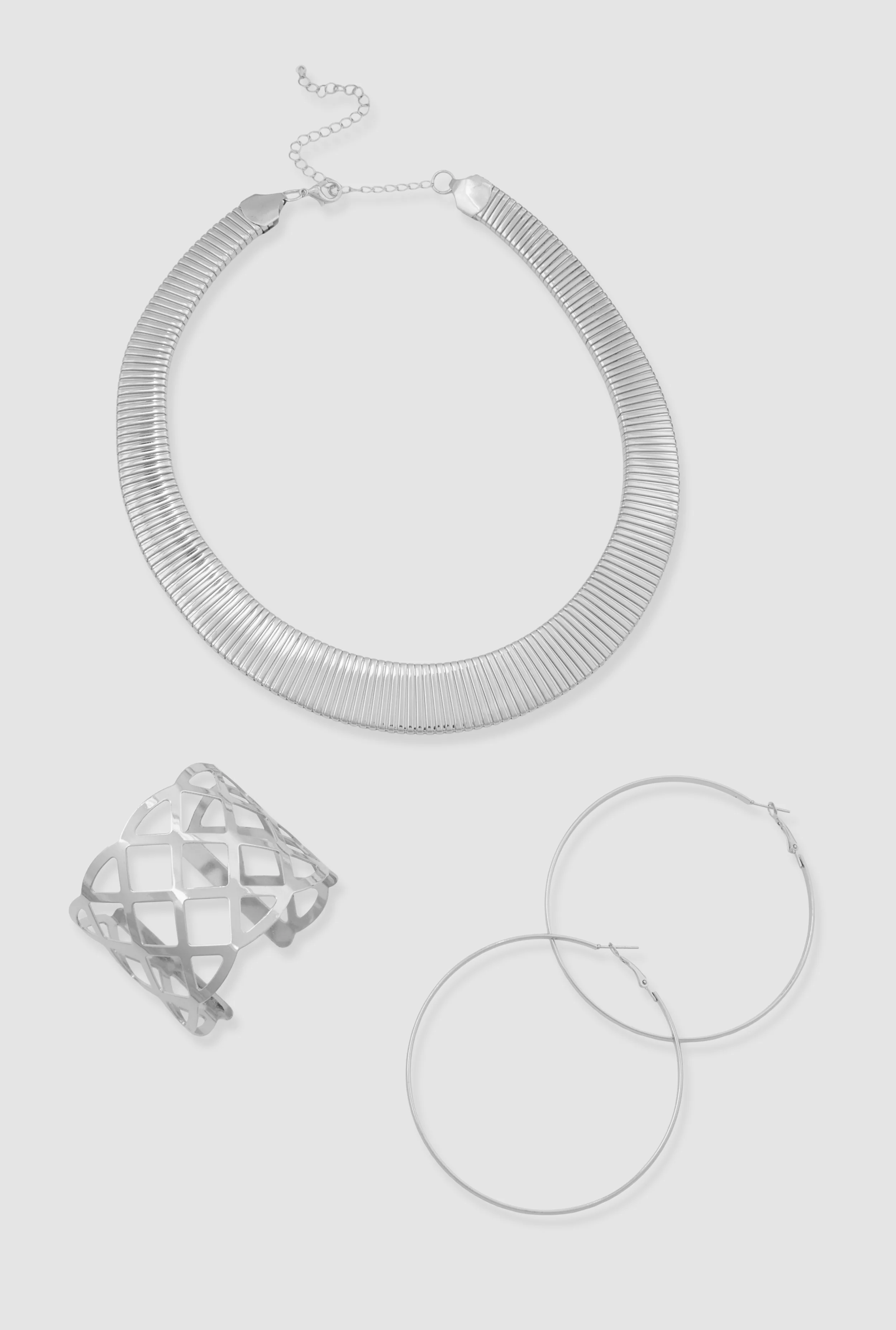 Ribbed Choker with Cuff Bracelet and Hoop Earrings Set