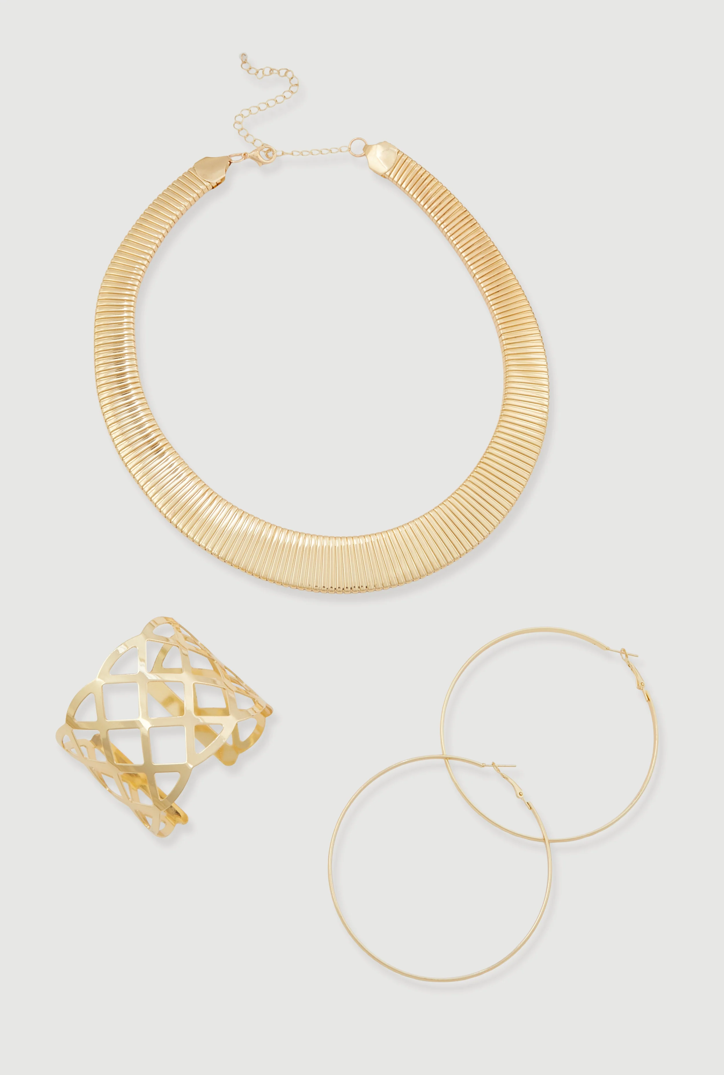Ribbed Choker with Cuff Bracelet and Hoop Earrings Set