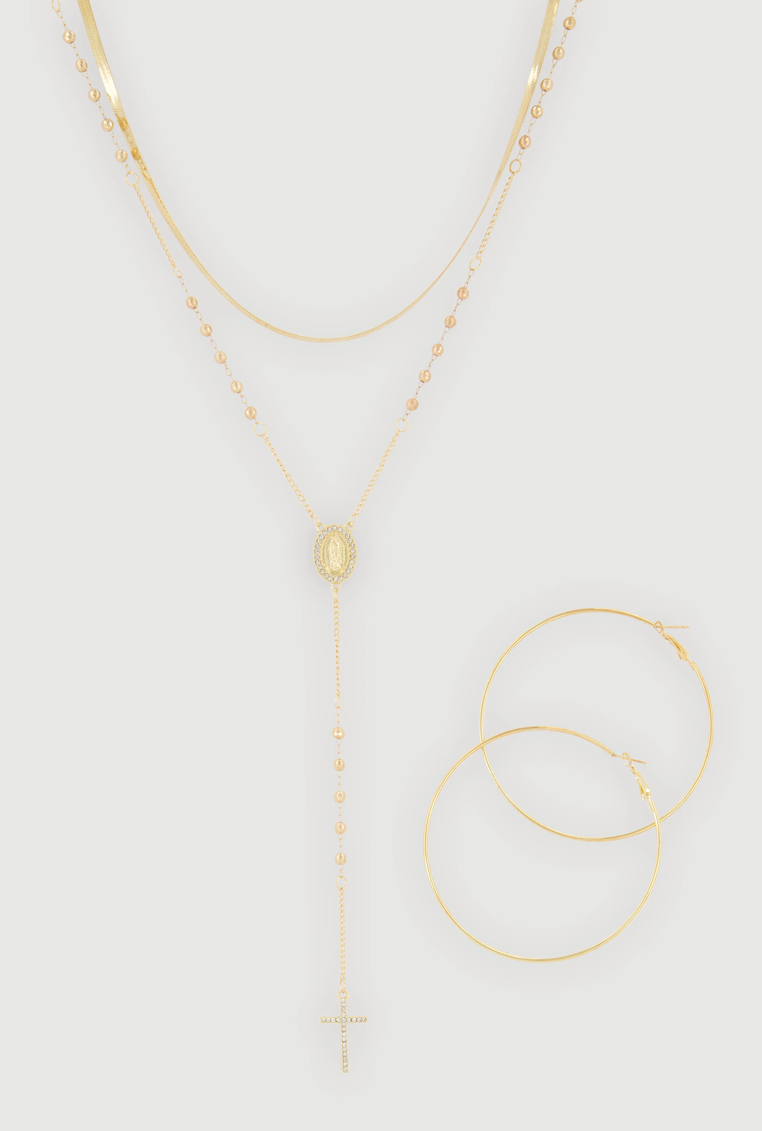 Layered Rosary Necklace with Hoop Earrings