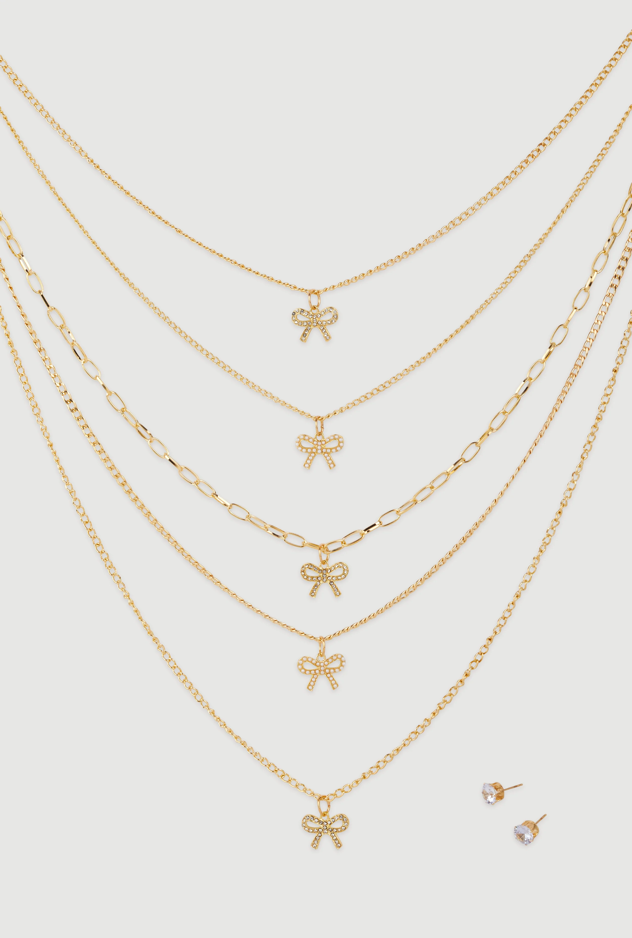 Elegant Cubic Zirconia Bow Detail Layered Necklace Set