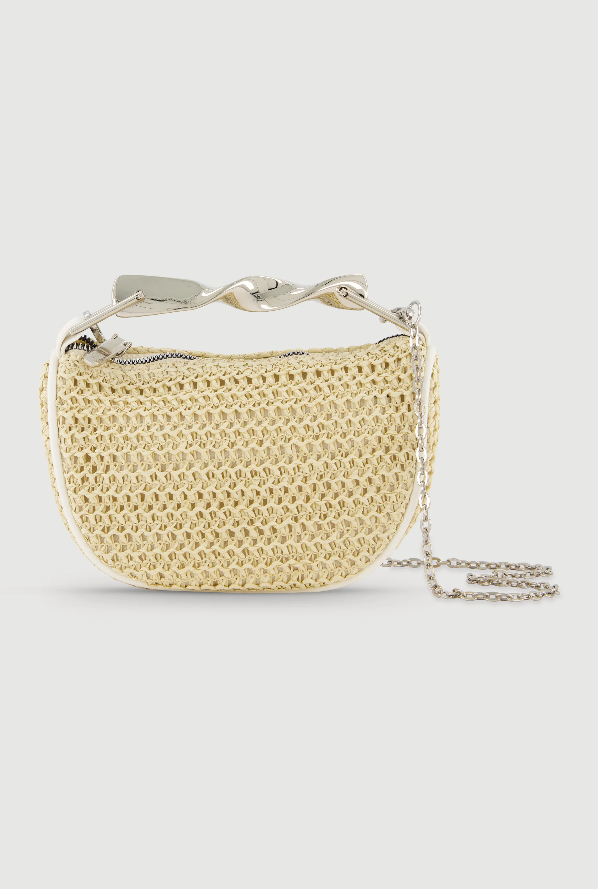 Twisted Metallic Handle Raffia Crossbody Handbag