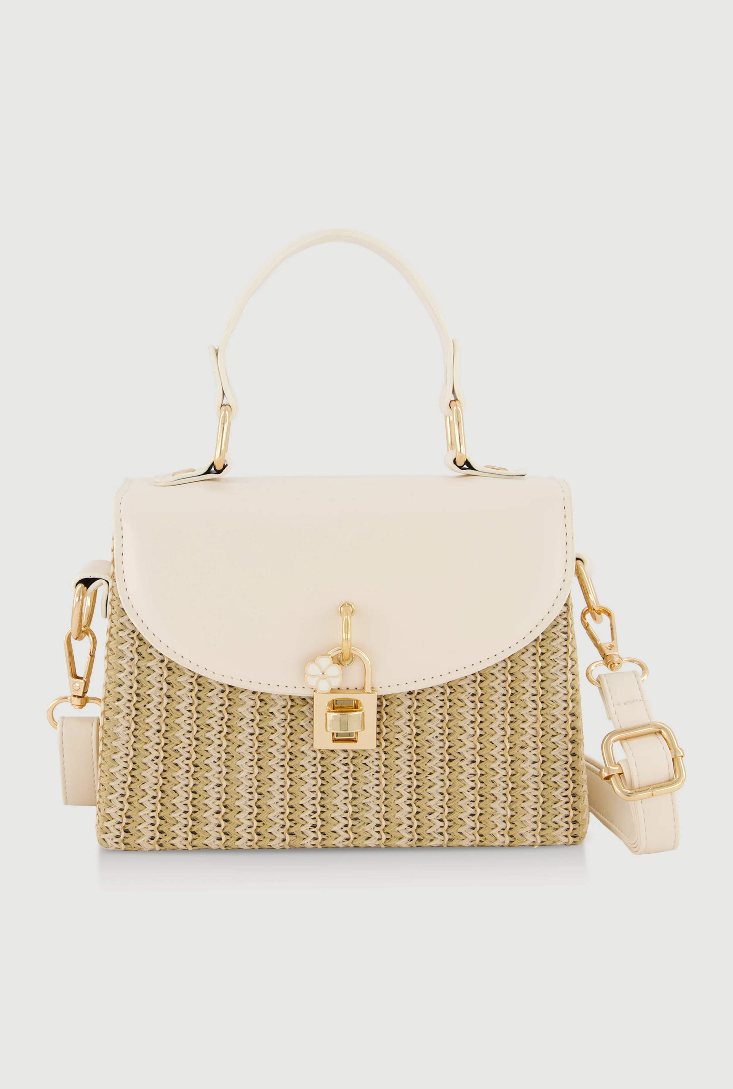 Twist Lock Faux Suede Detail Raffia Crossbody Handbag