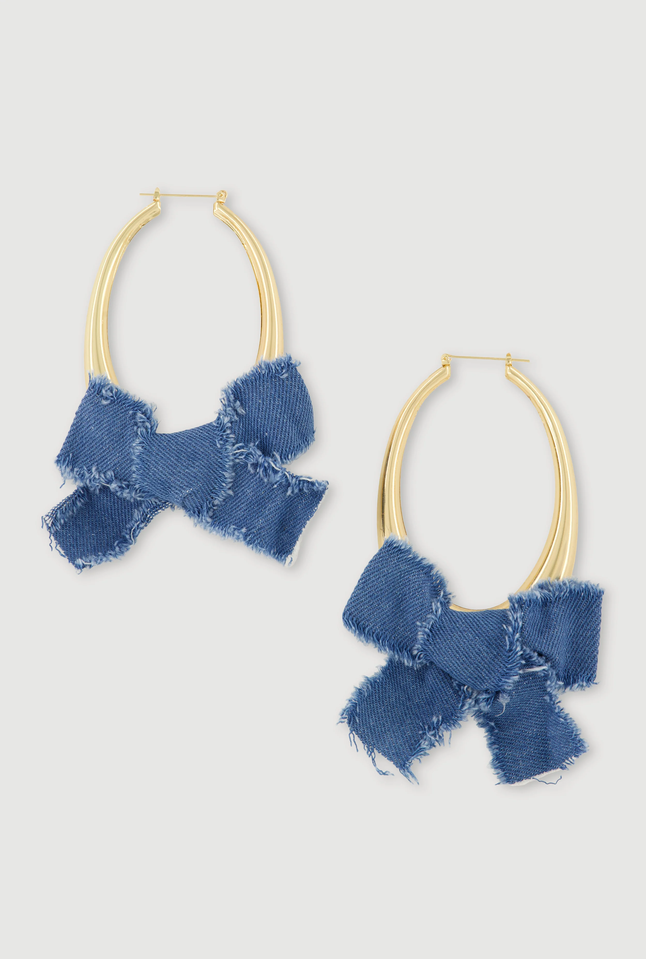 Denim Bow Detail Metallic Teardrop Hoop Earrings