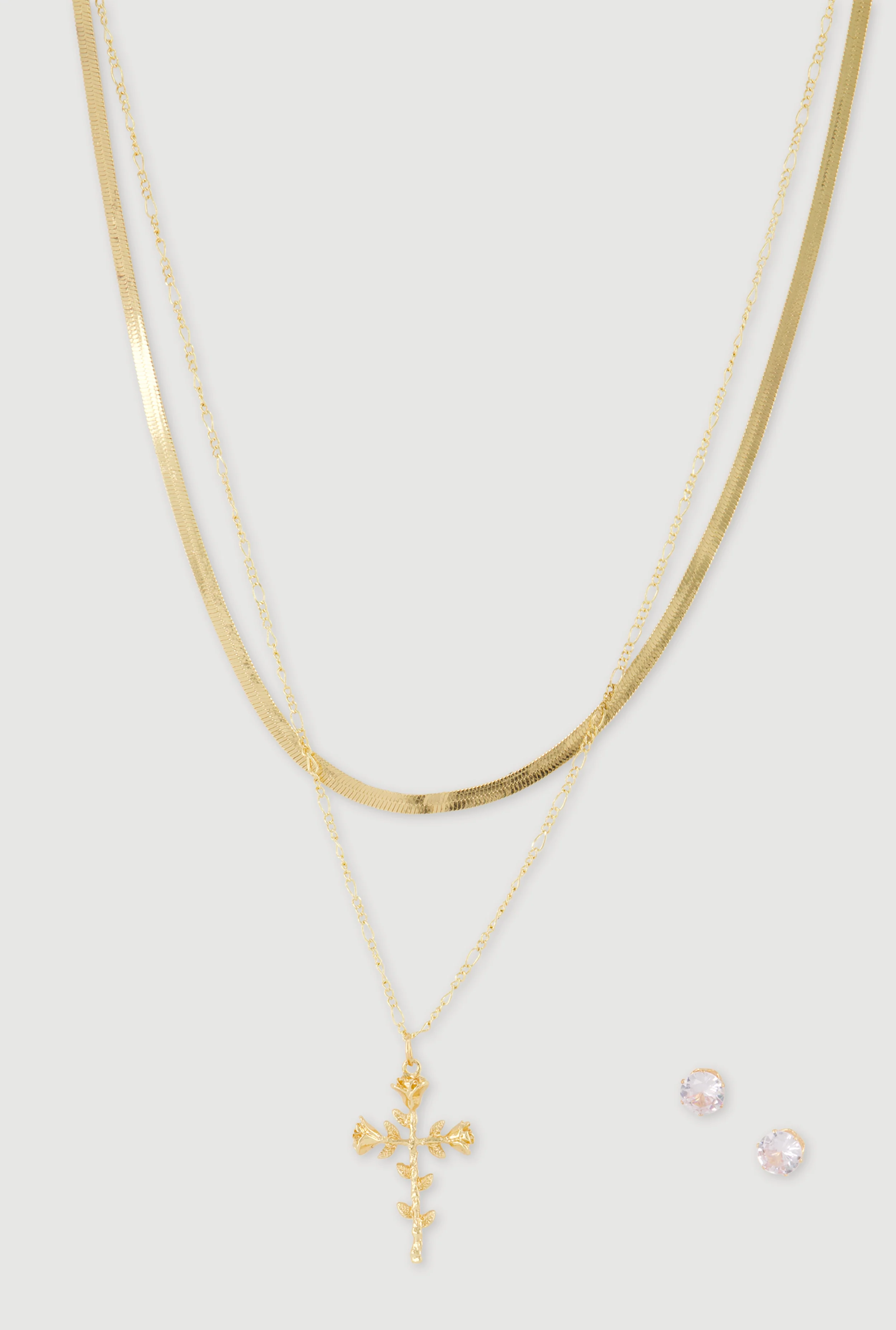 Rose Cross Layered Necklace and Stud Earrings