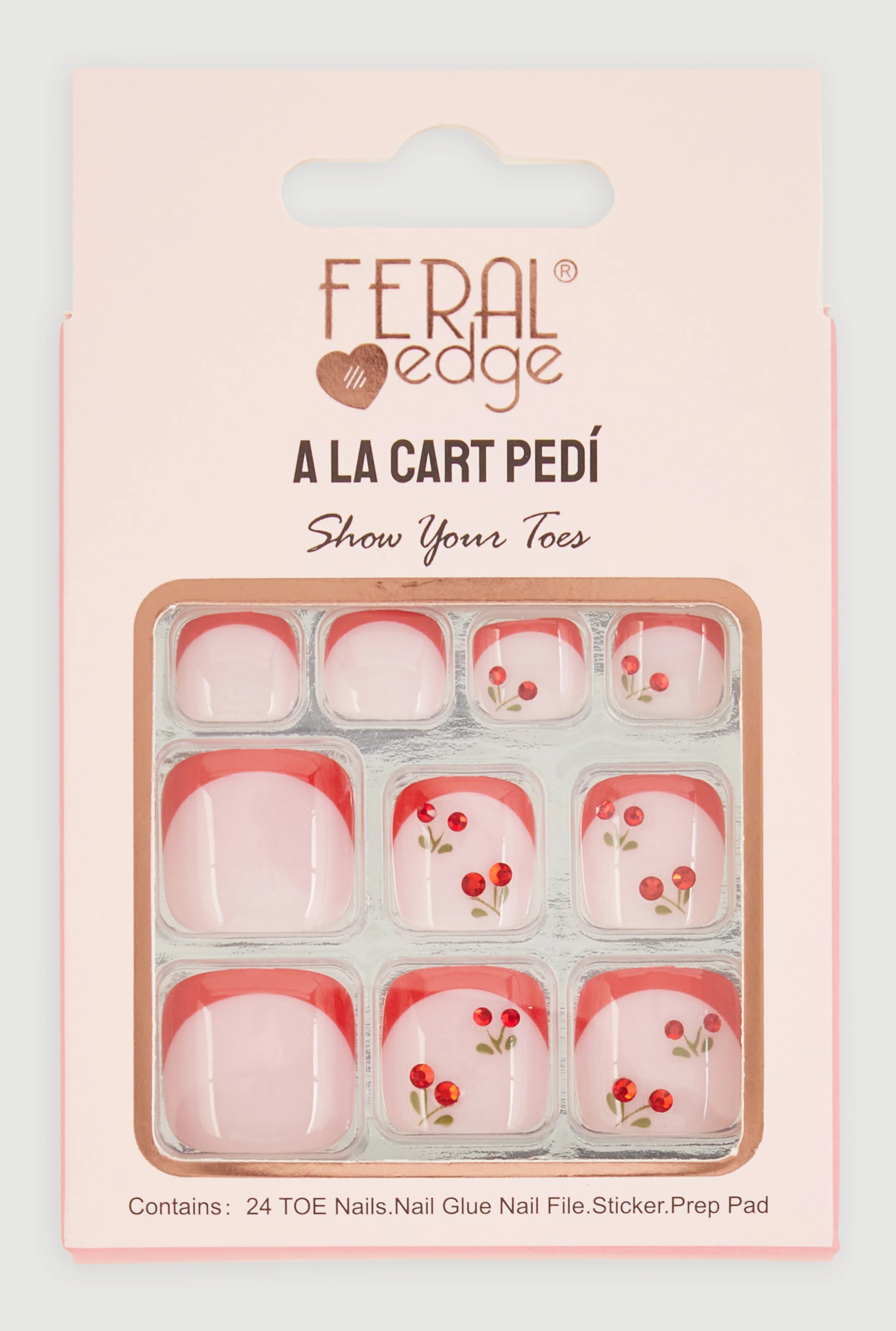 Rhinestone Cherry French Tip Press On Pedicure Toenails