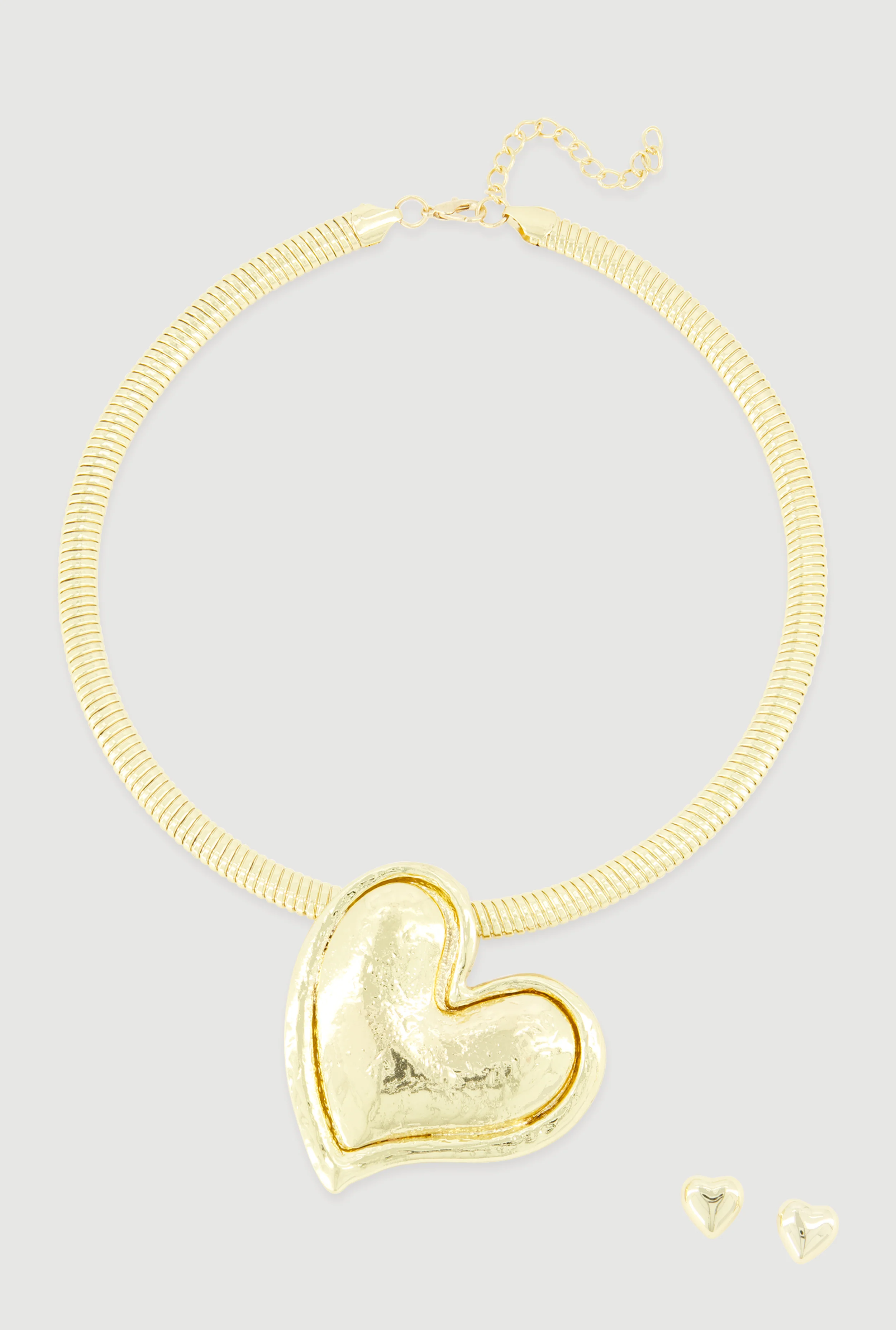 Heart Pendant Snake Chain Necklace and Stud Earrings