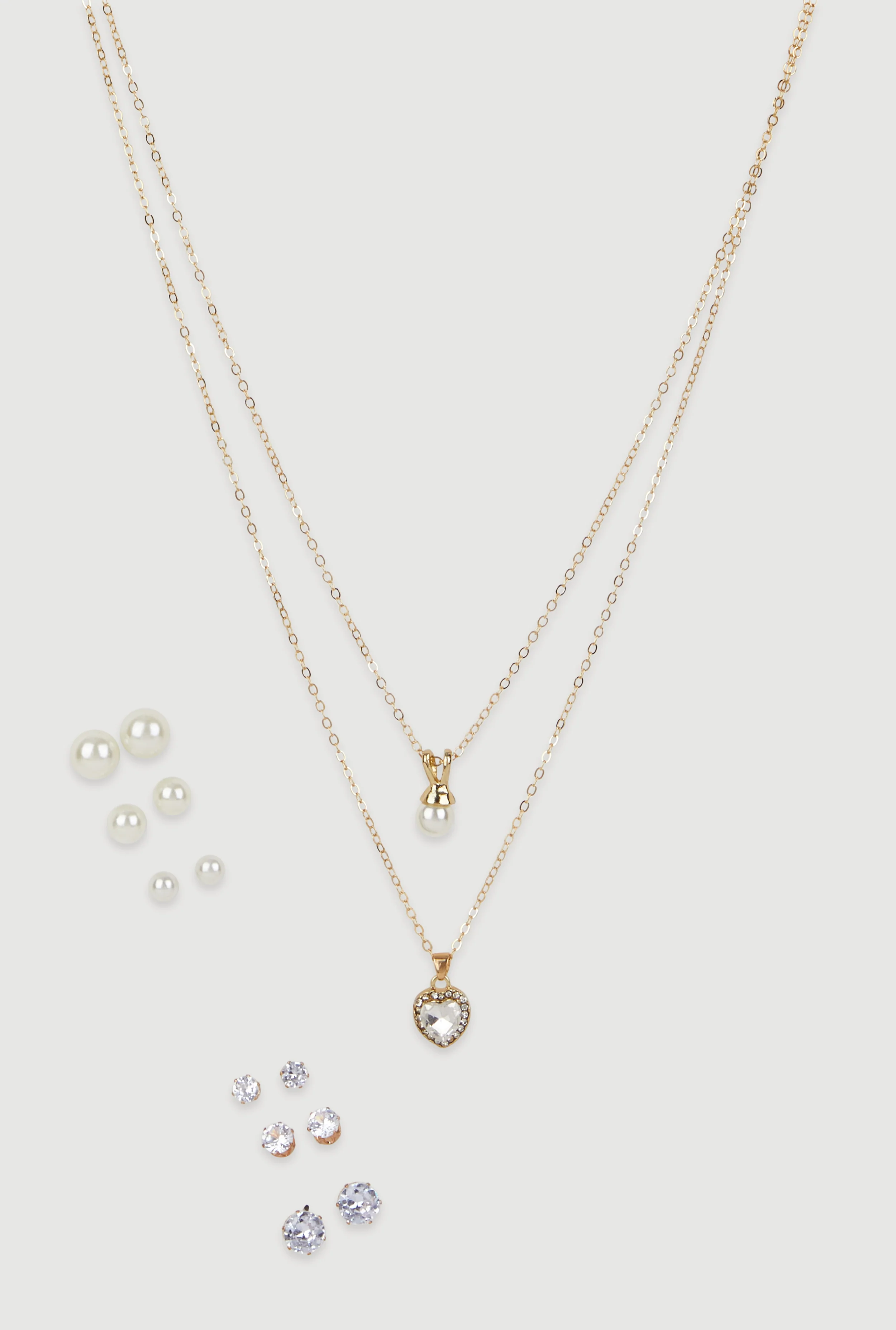 Cubic Zirconia Charm Layered Necklace with Stud Earrings