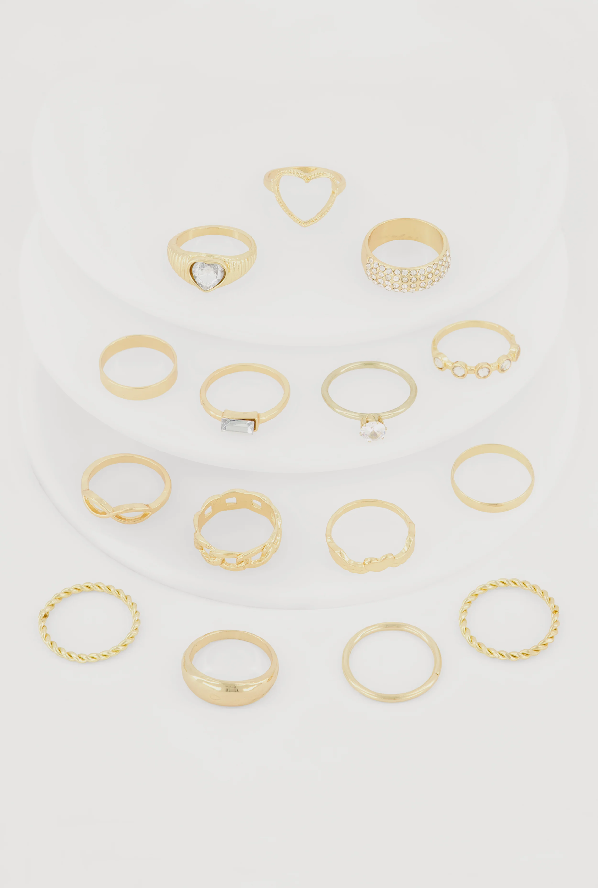 Trendy Assorted Cubic Zirconia Metallic Rings Set of 15