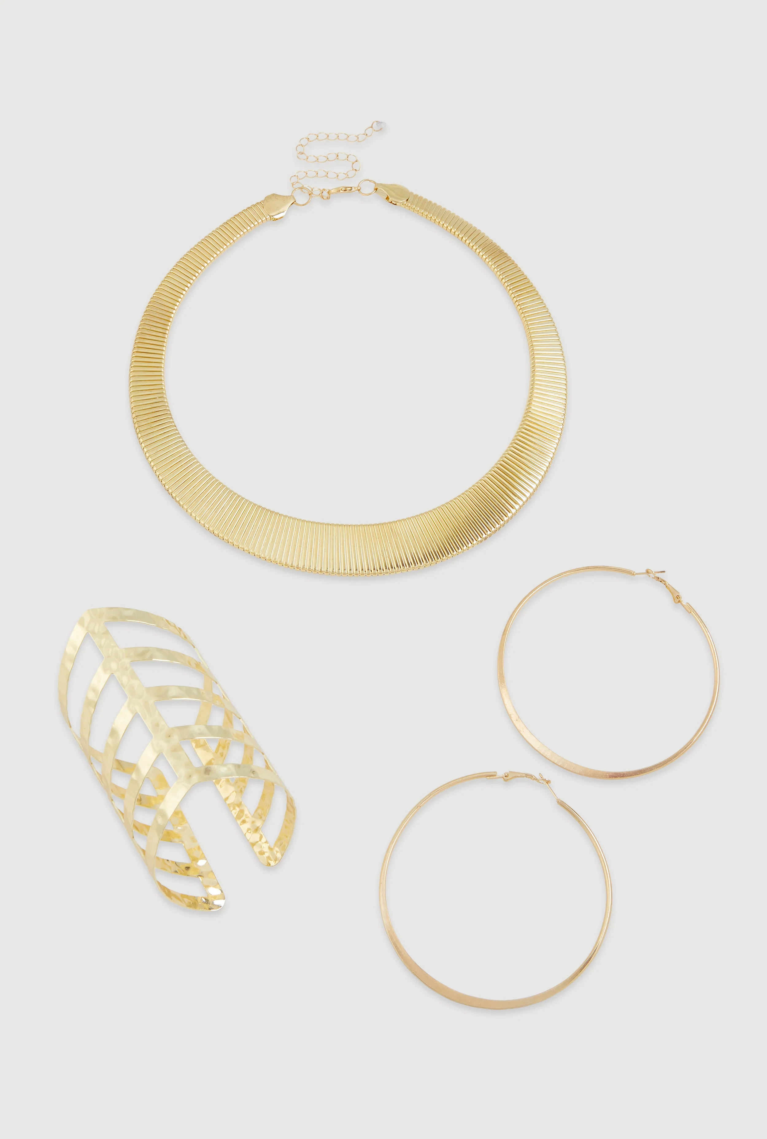 Trendy Metallic Hoop Earrings and Chocker with Cuff Bracelet 3-Piece Set