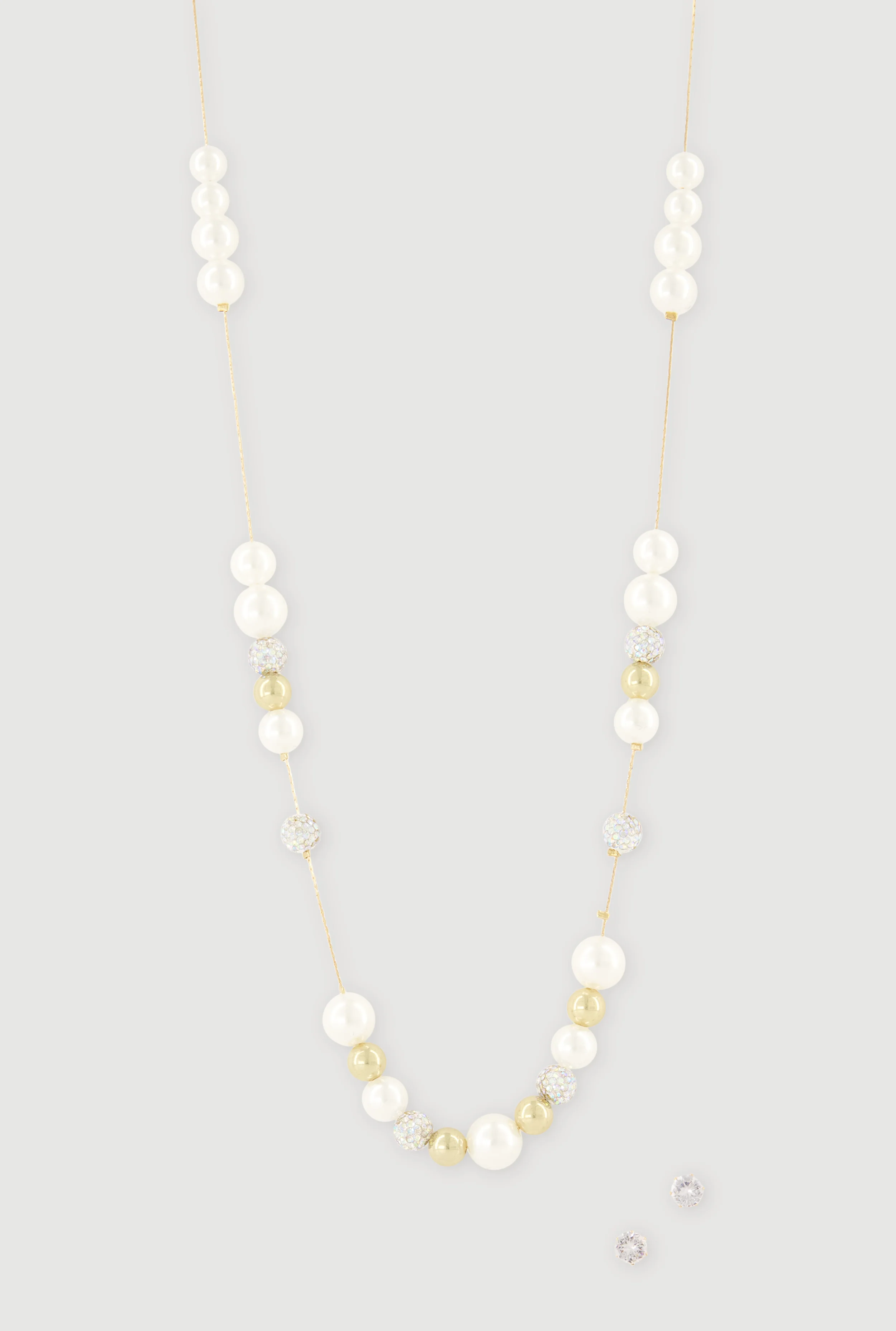 Faux Pearl Cubic Zirconia Beaded Necklace and Stud Earrings