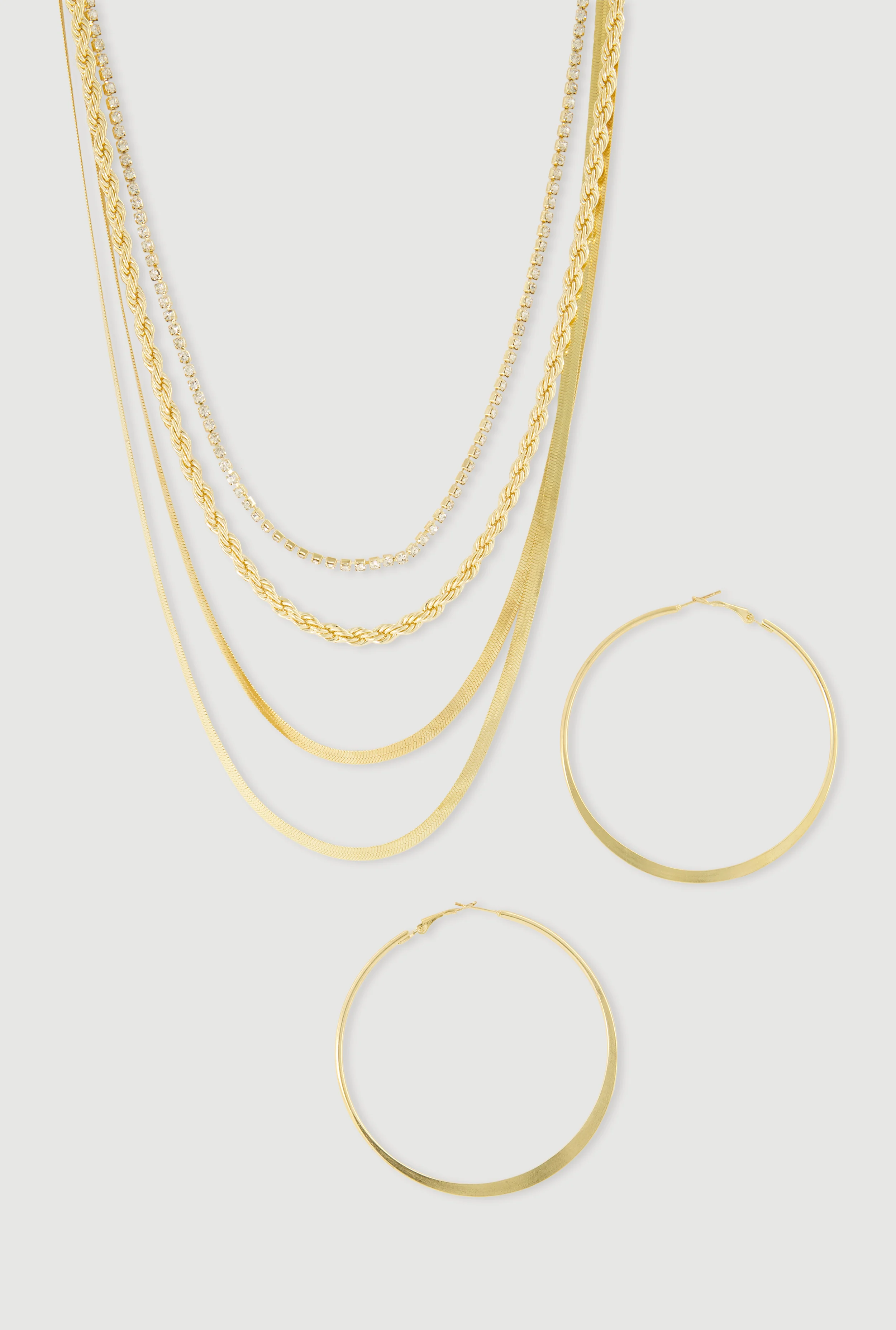 Metallic Layered Chain Necklace and Hoop Earrings Set