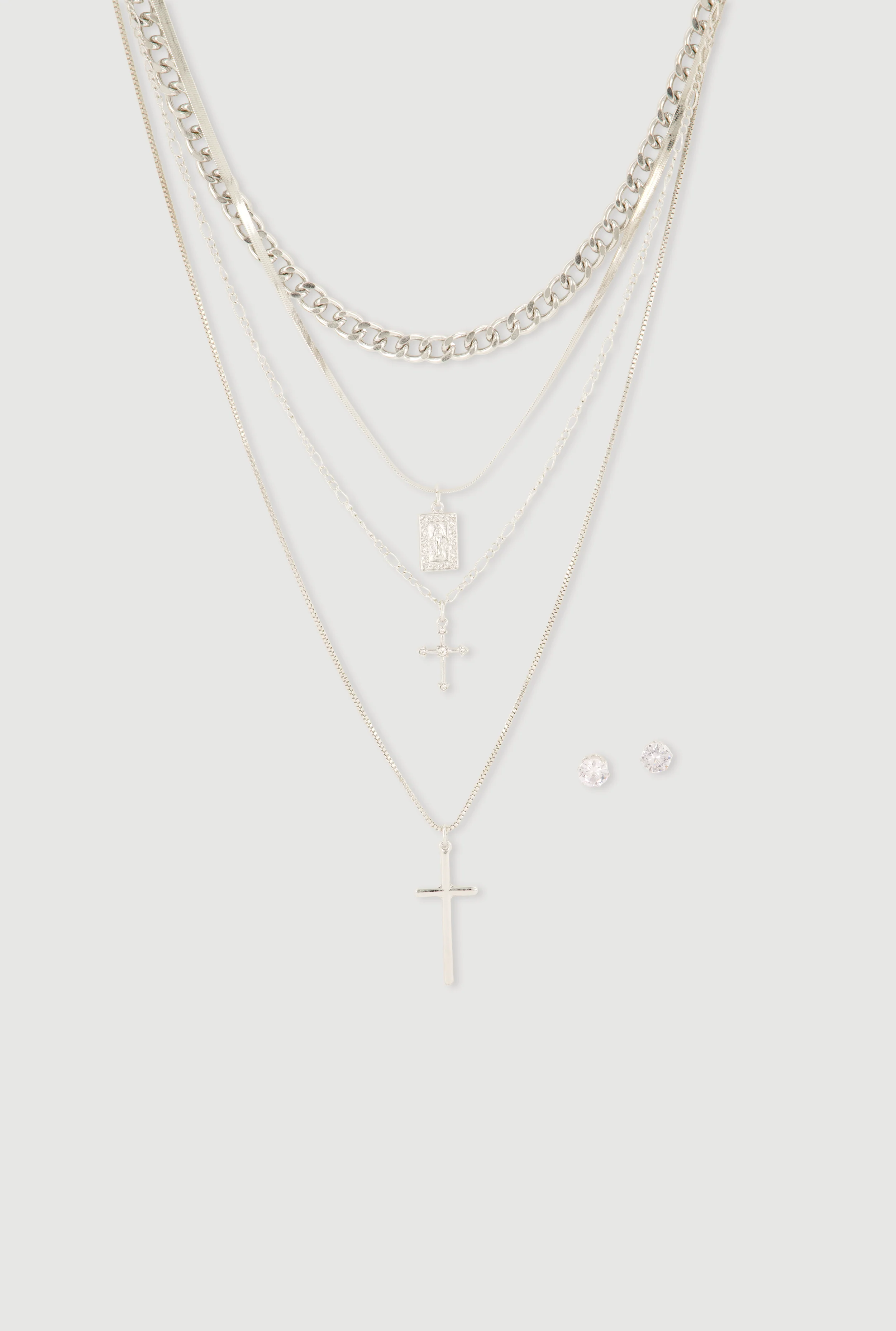 Religious Charm and Cross Layered Necklace with Stud Earrings
