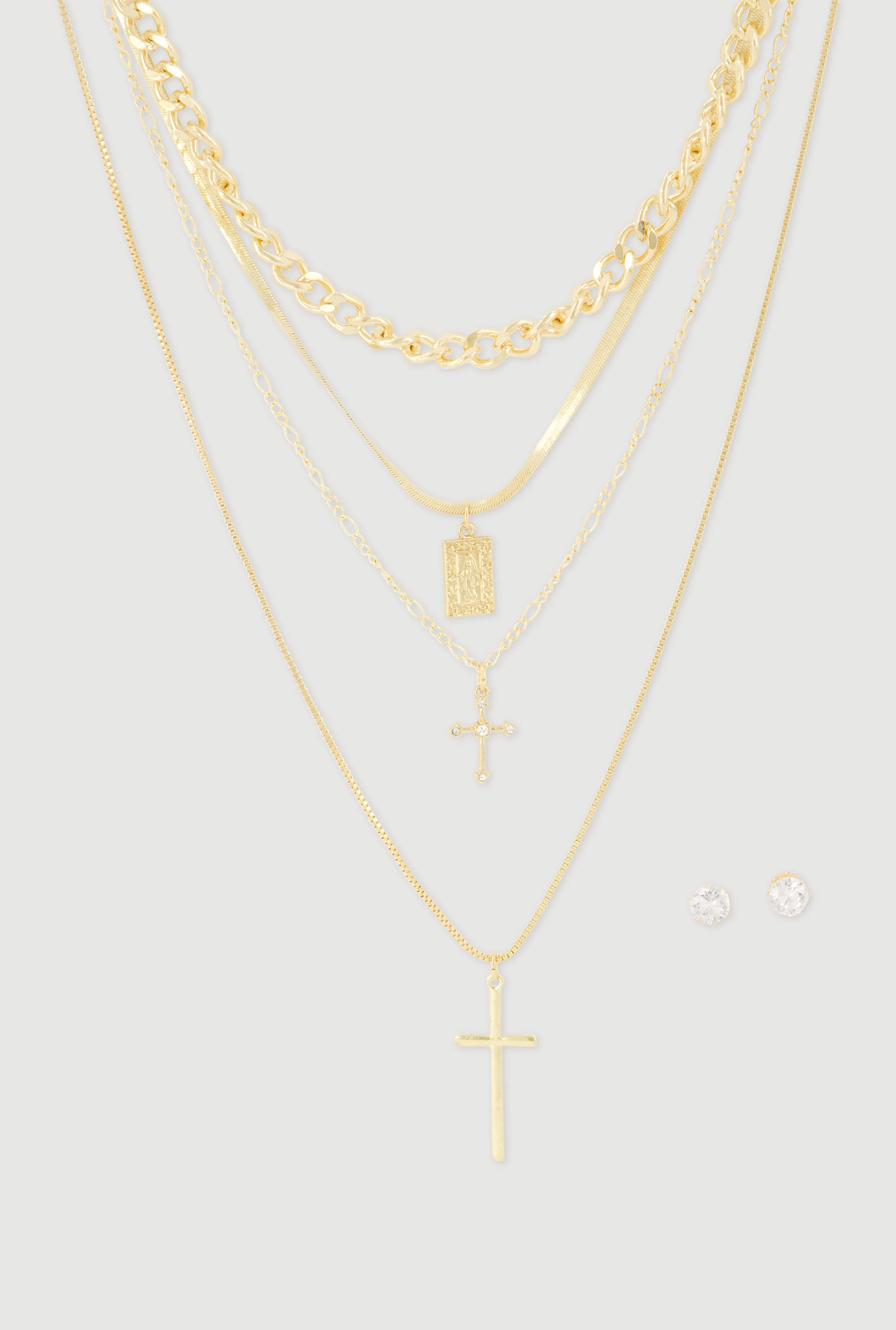 Religious Charm and Cross Layered Necklace with Stud Earrings