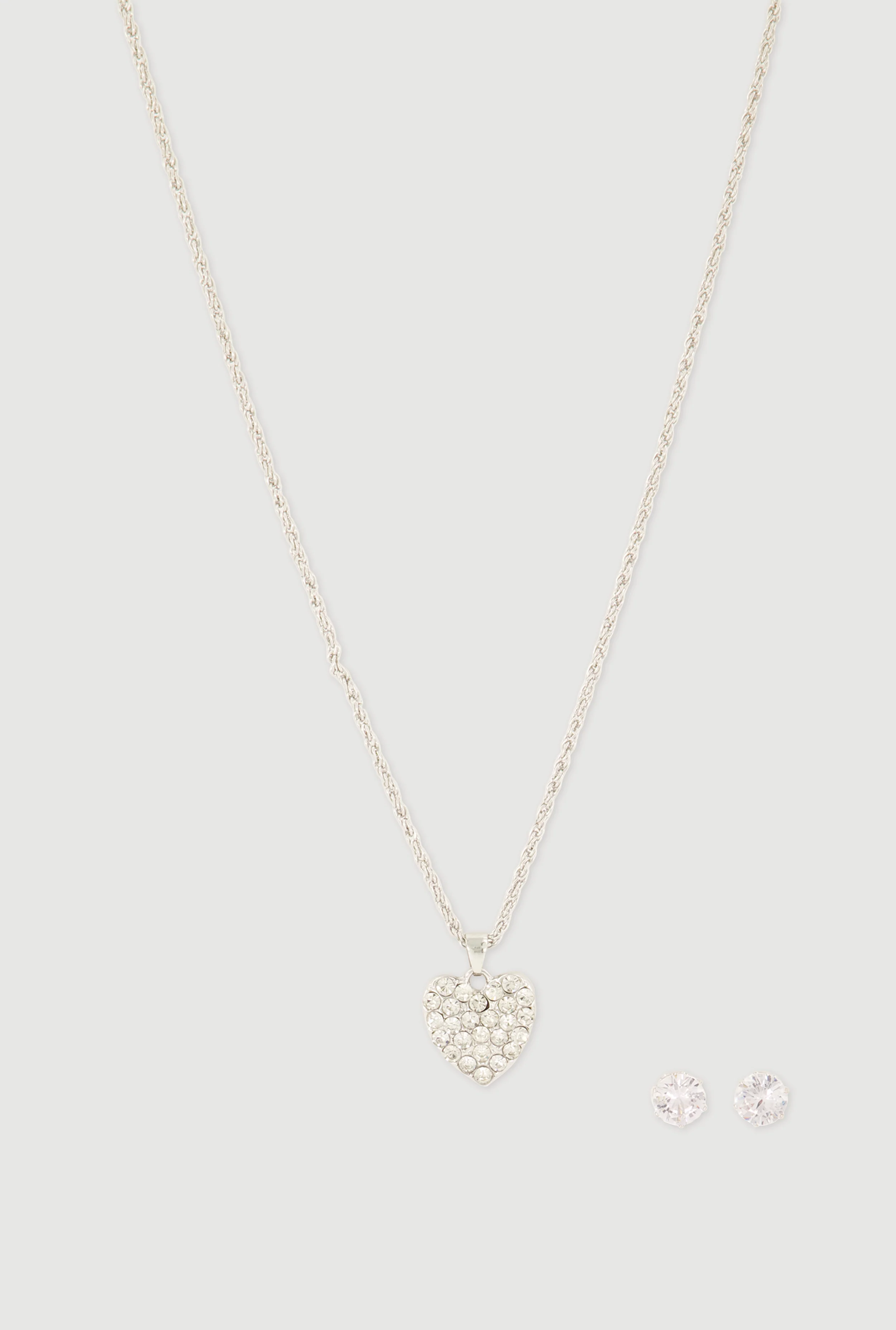 Rhinestone Heart Pendant Necklace and Stud Earrings Set