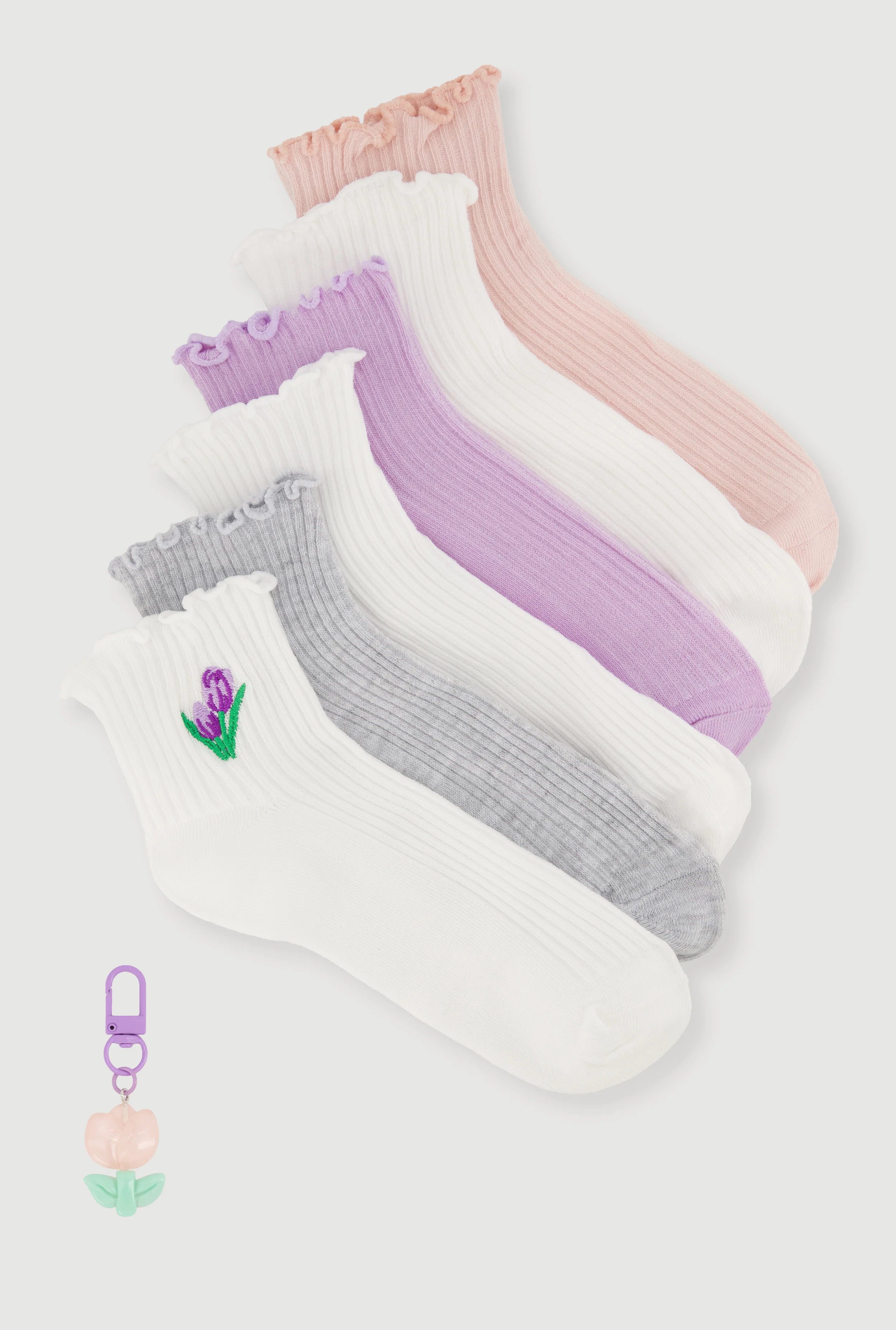 Lettuce Edge Ankle Socks 6 Pack Size 9-11 with Bag Charm Keychain