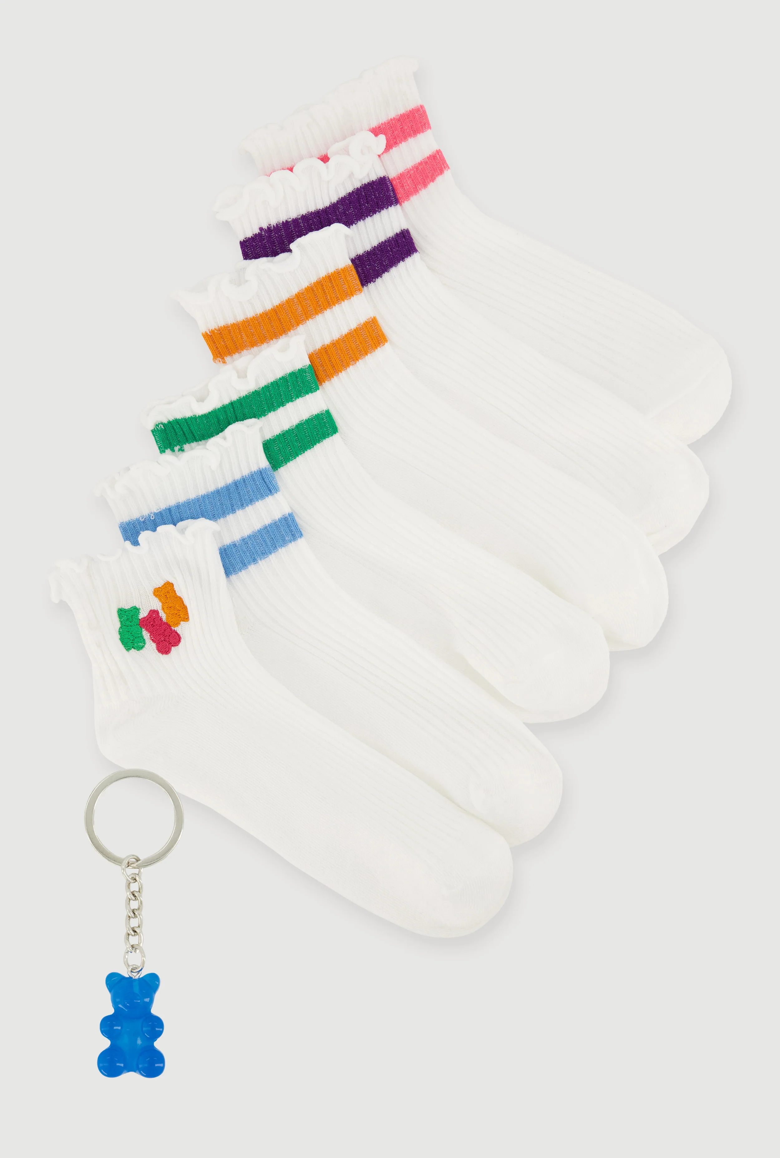 Lettuce Edge Ankle Socks 6 Pack Size 9-11 with Bear Charm Keychain