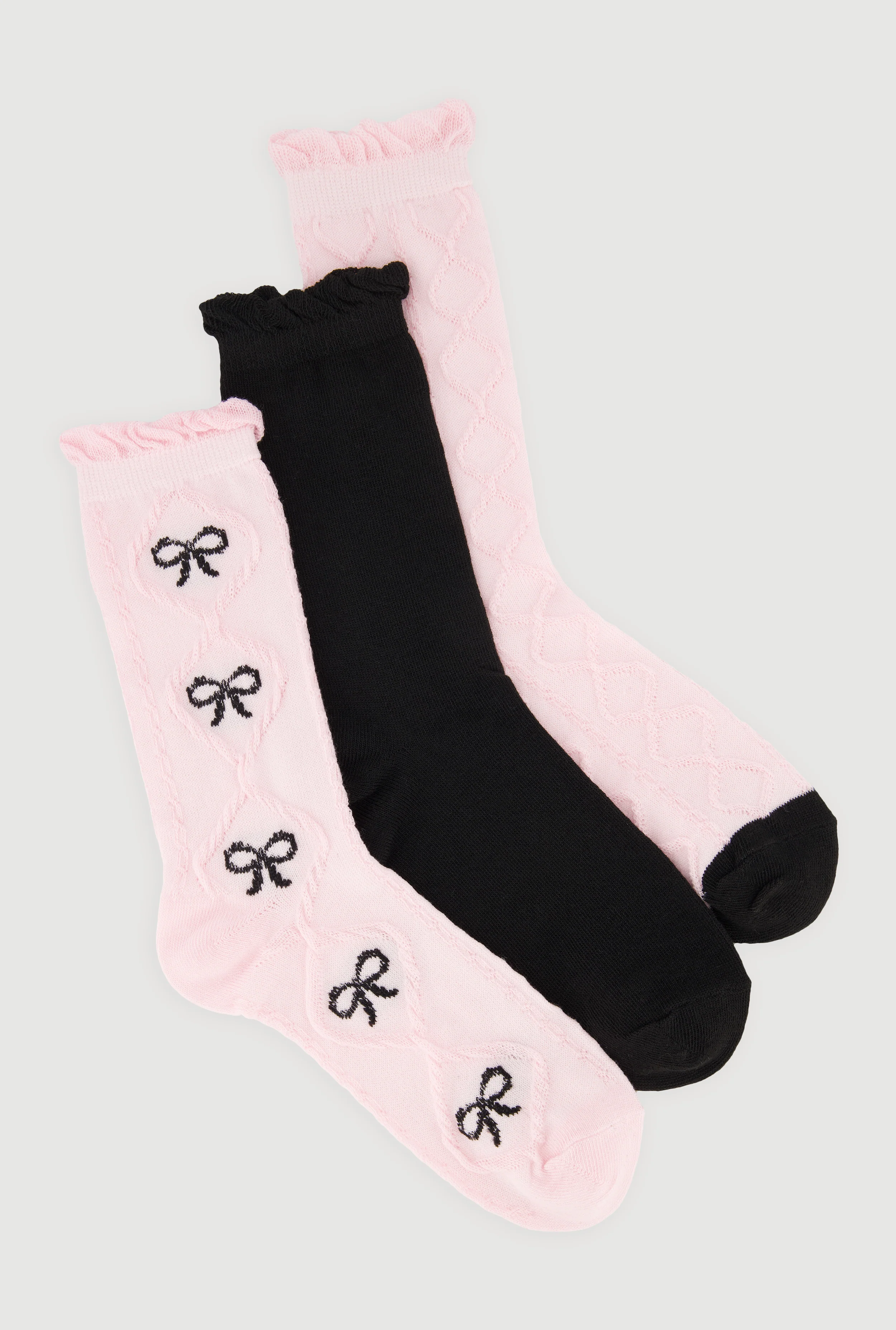 Cable Knit Bow Graphic Crew Socks 3 Pack Size 9-11