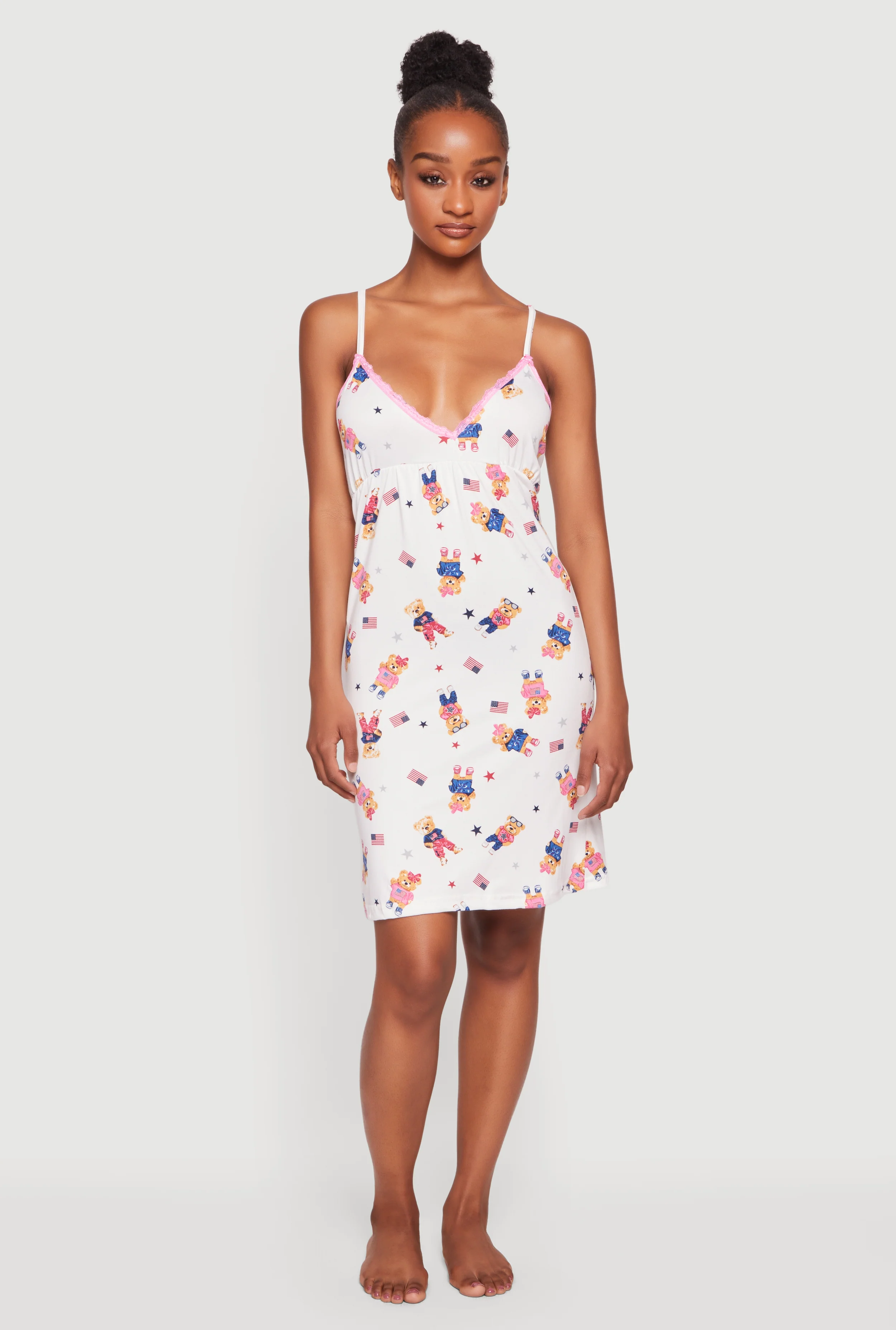 Americana Teddy Print Lace Trim Pajama Cami Nightgown