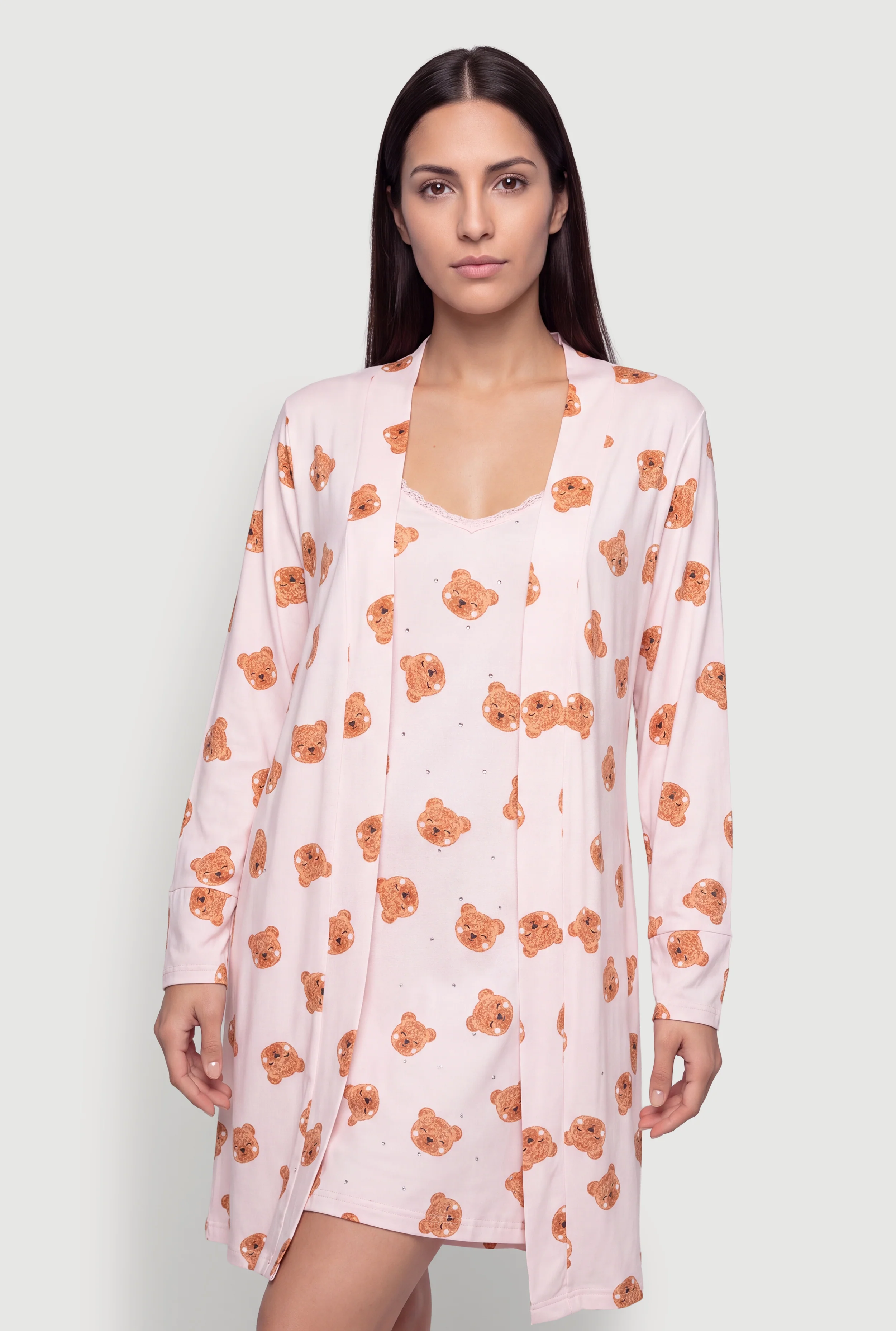 Rhinestone Bear Print Pajama Cami Nightgown with Robe